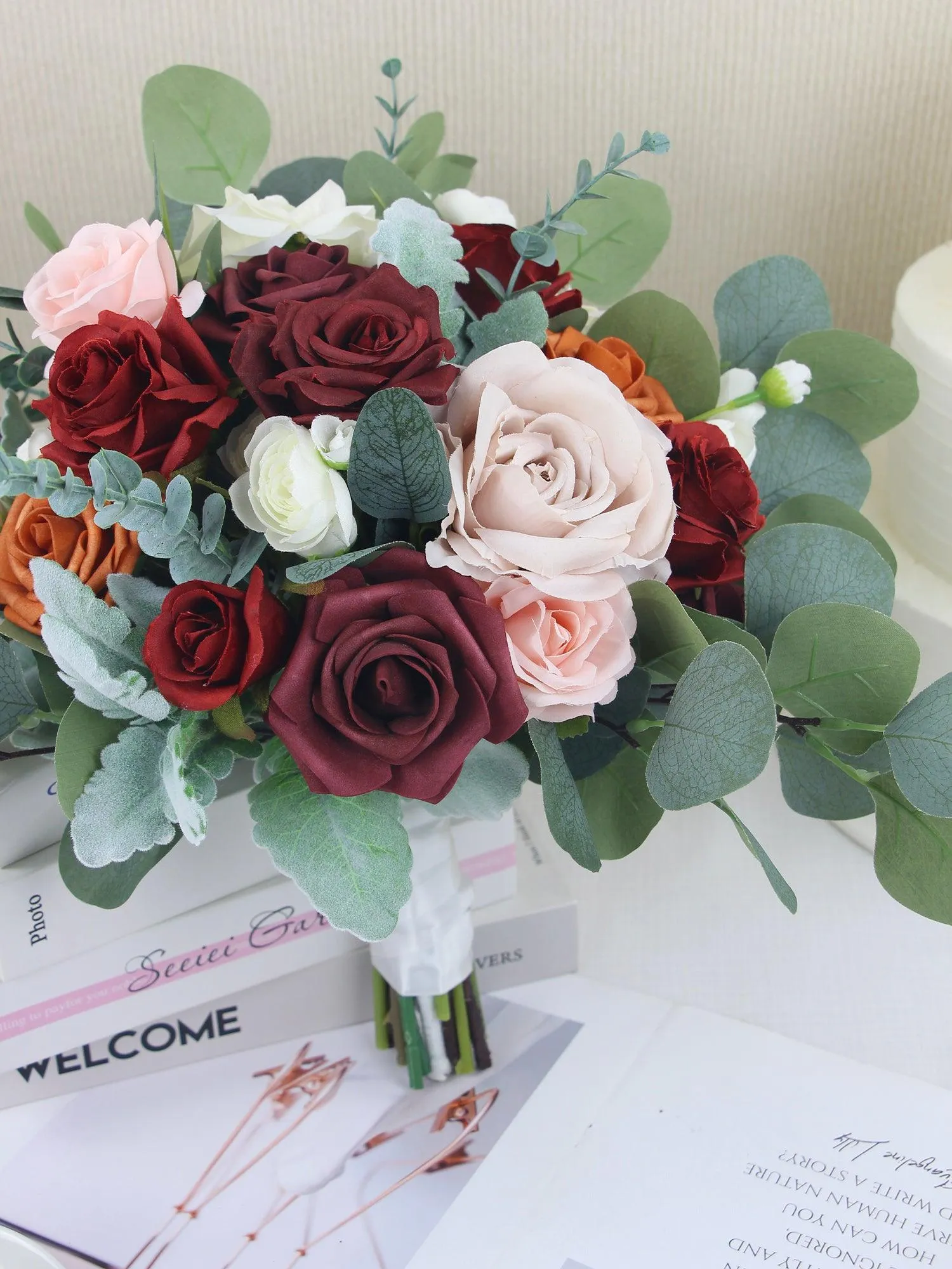 13.7 inch wide Burgundy & Burnt Orange Bridal Bouquet