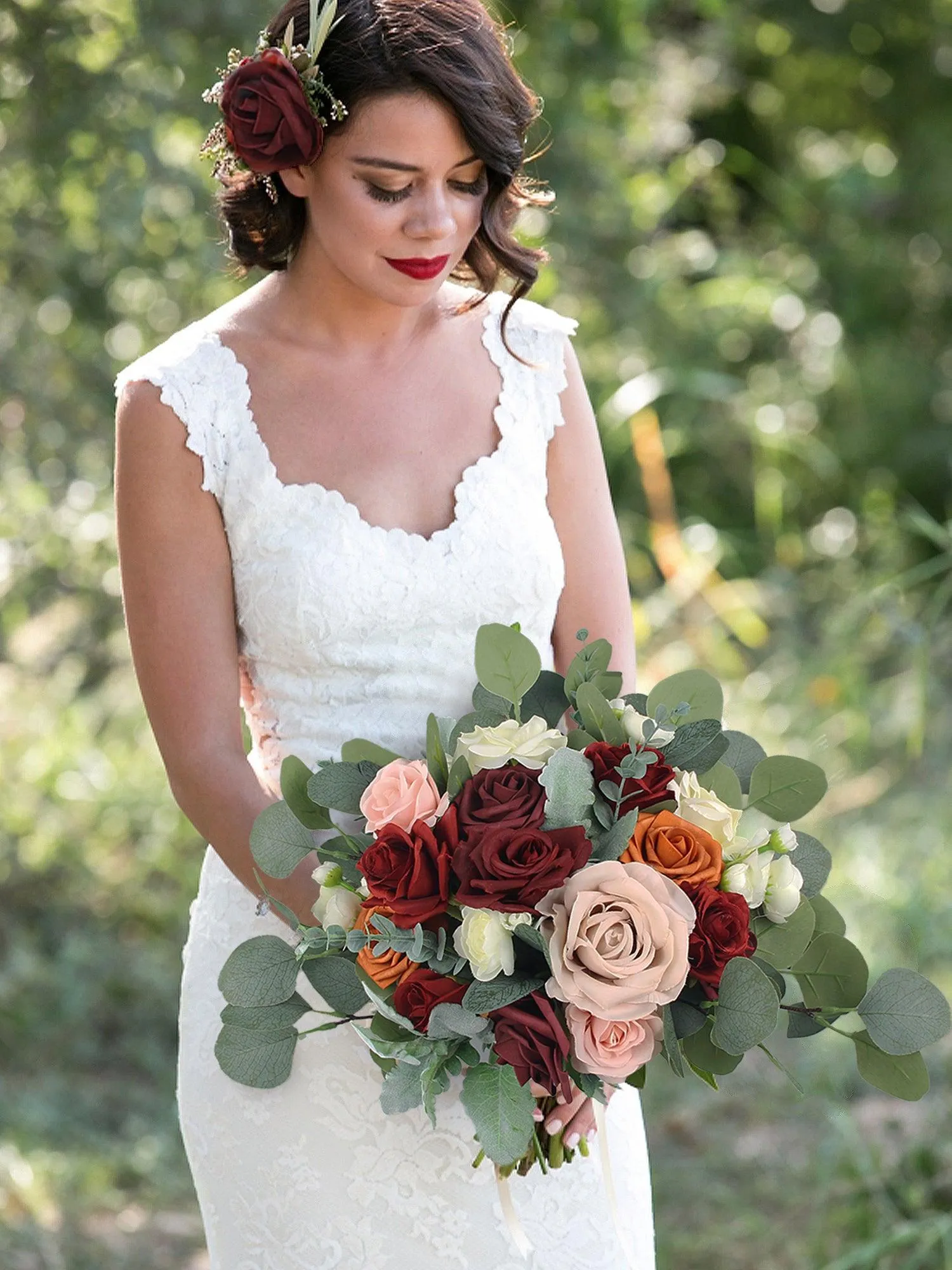 13.7 inch wide Burgundy & Burnt Orange Bridal Bouquet