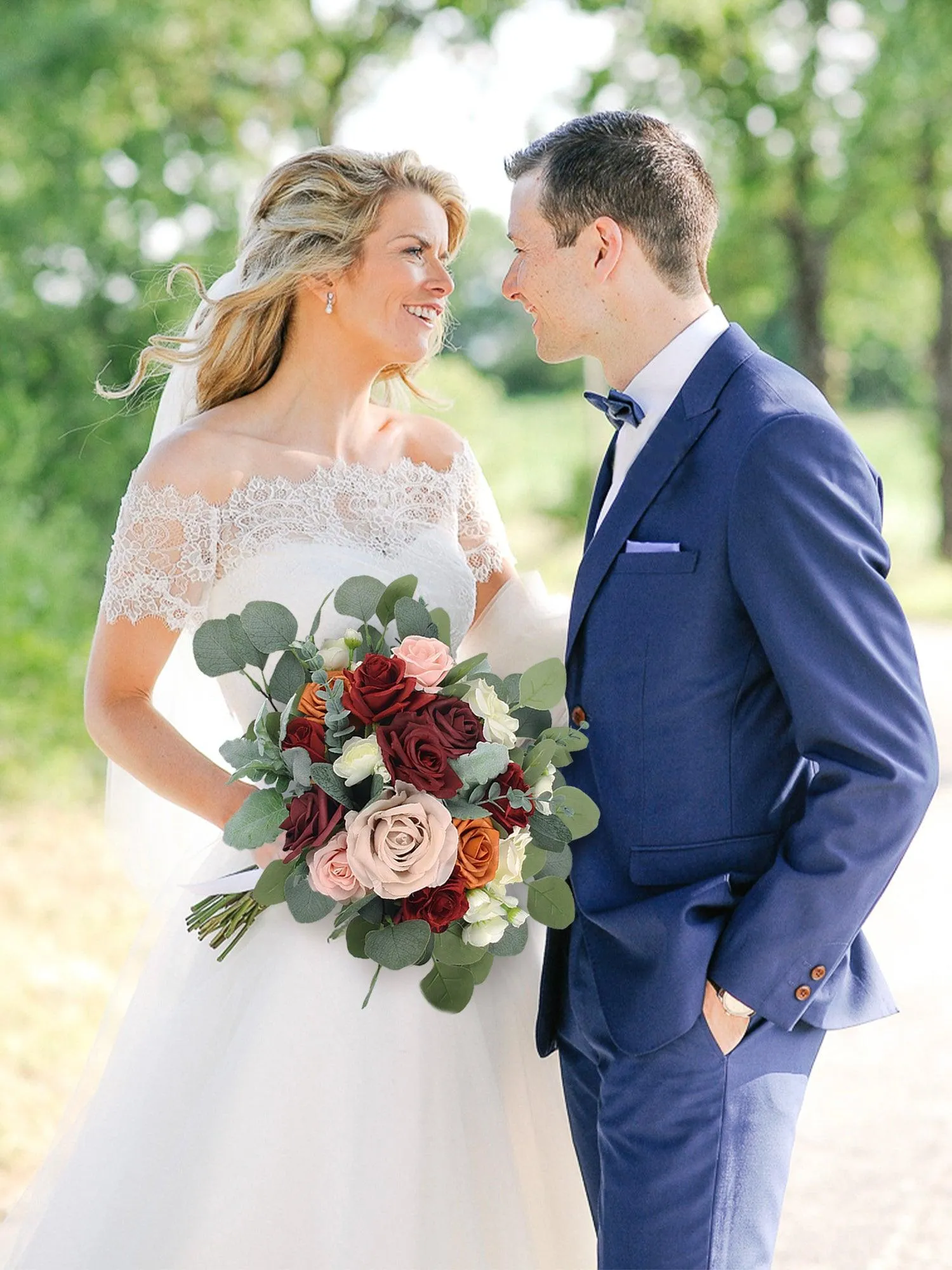 13.7 inch wide Burgundy & Burnt Orange Bridal Bouquet