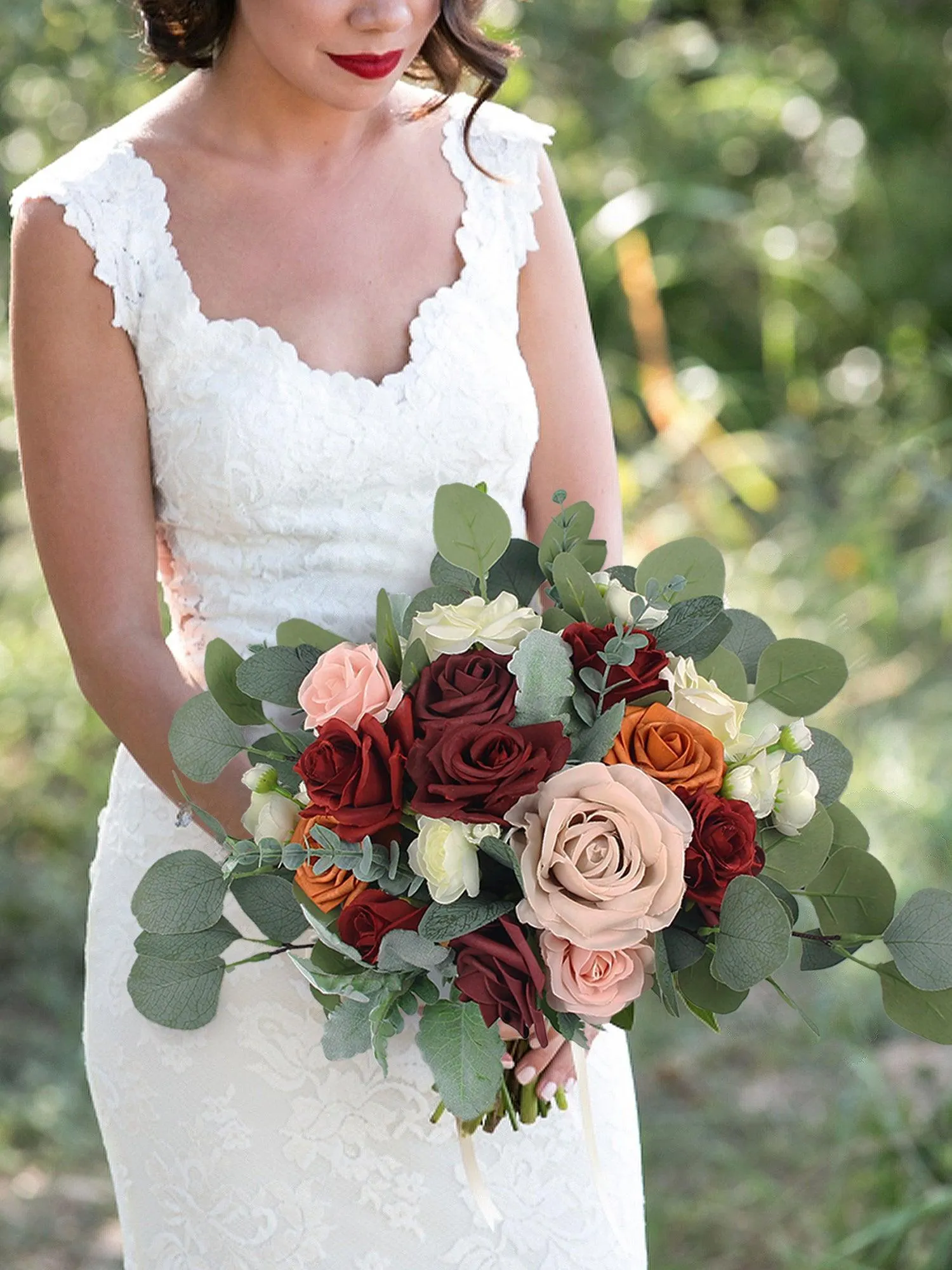 13.7 inch wide Burgundy & Burnt Orange Bridal Bouquet