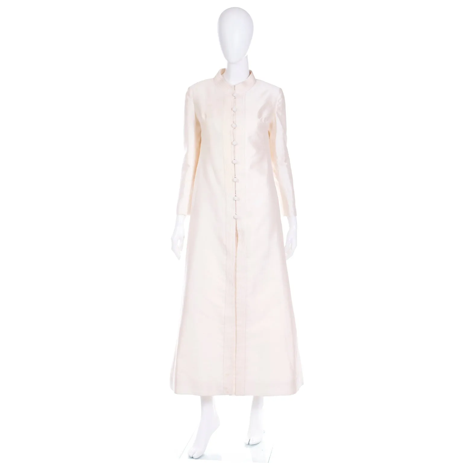 1960s Dynasty ivory Silk Evening Maxi Coat with Beaded Buttons