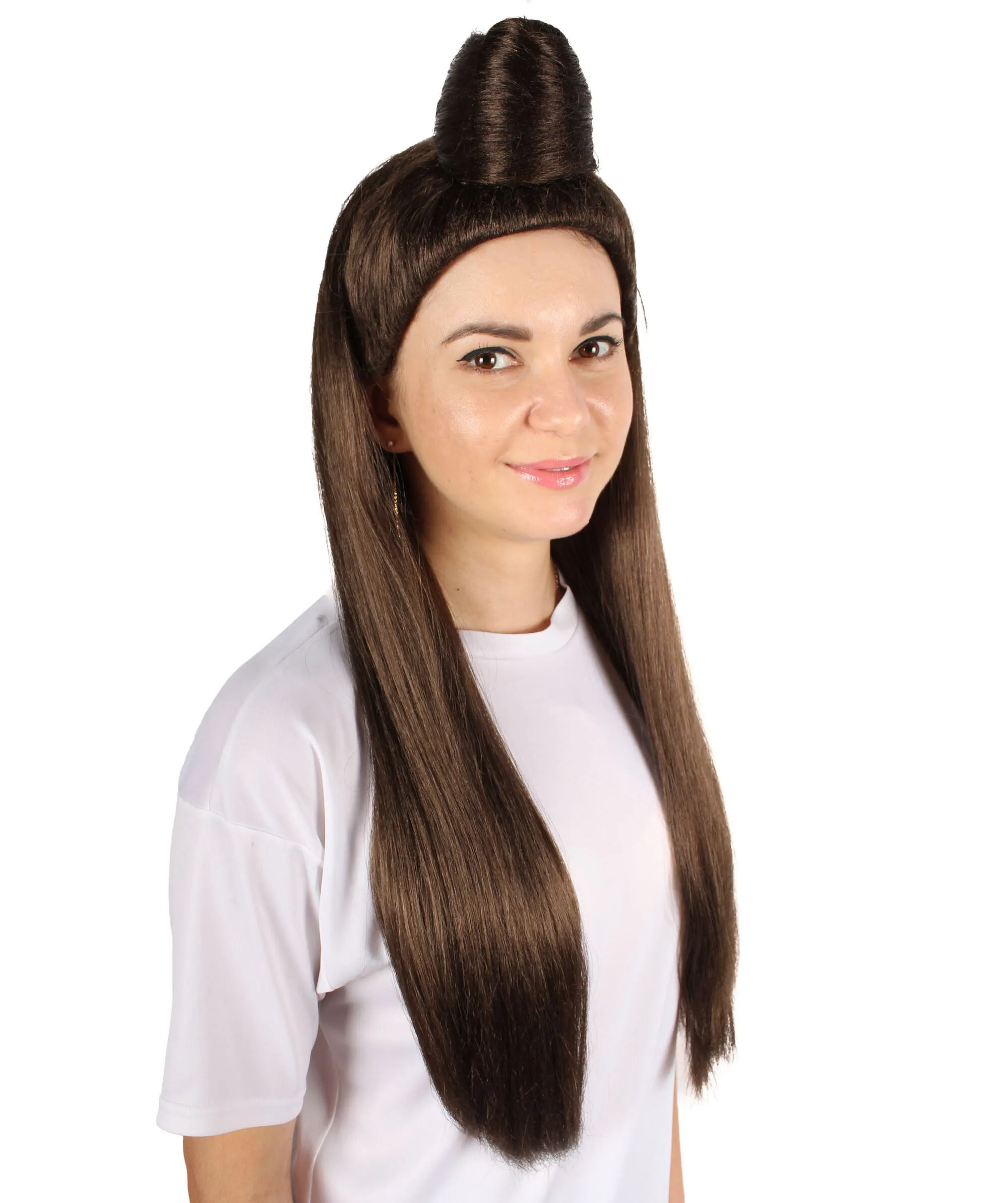 Adult Women's American Supermodel Half Bun Brown Wig, Best for Halloween, Flame-retardant Synthetic Fiber