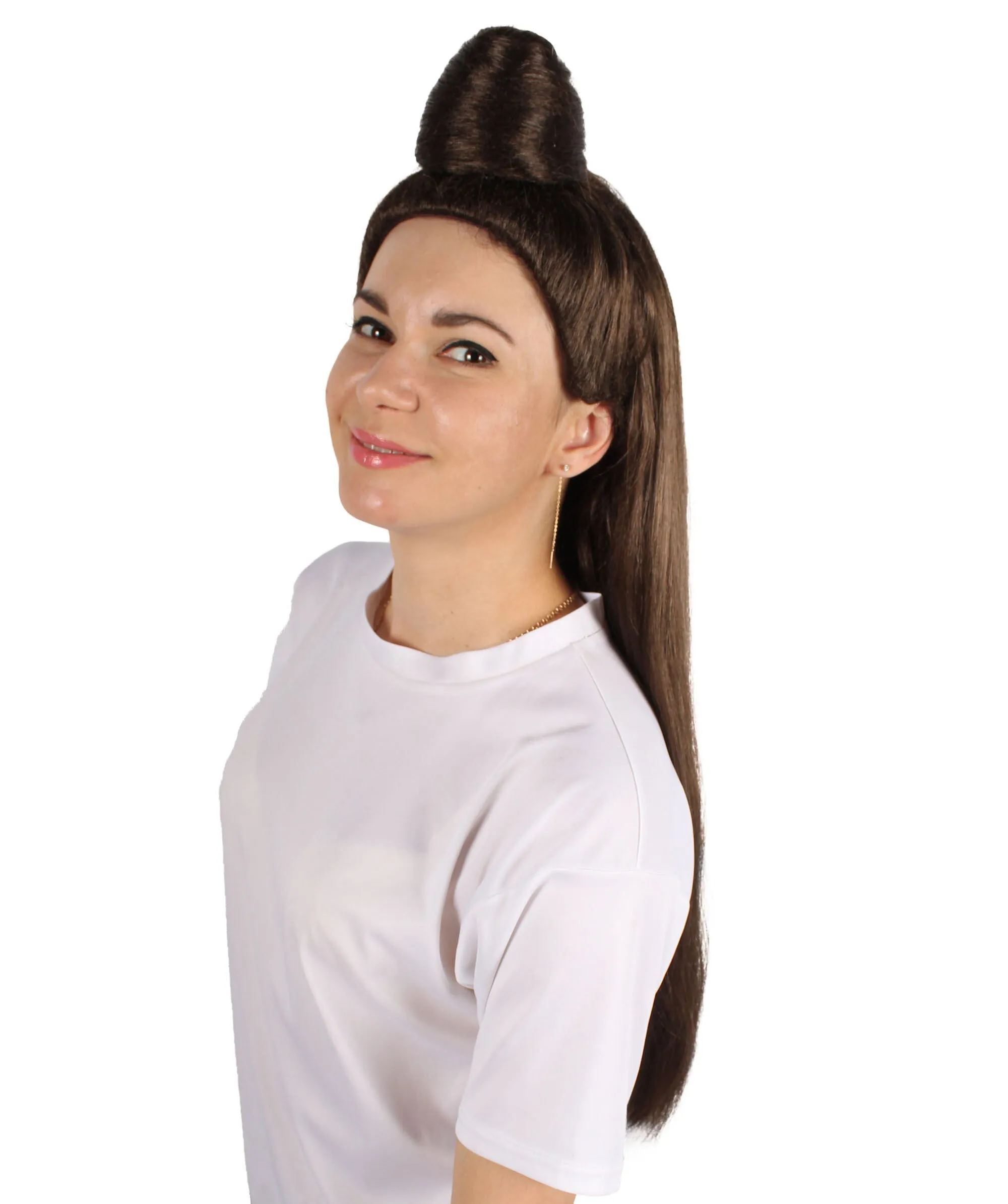 Adult Women's American Supermodel Half Bun Brown Wig, Best for Halloween, Flame-retardant Synthetic Fiber