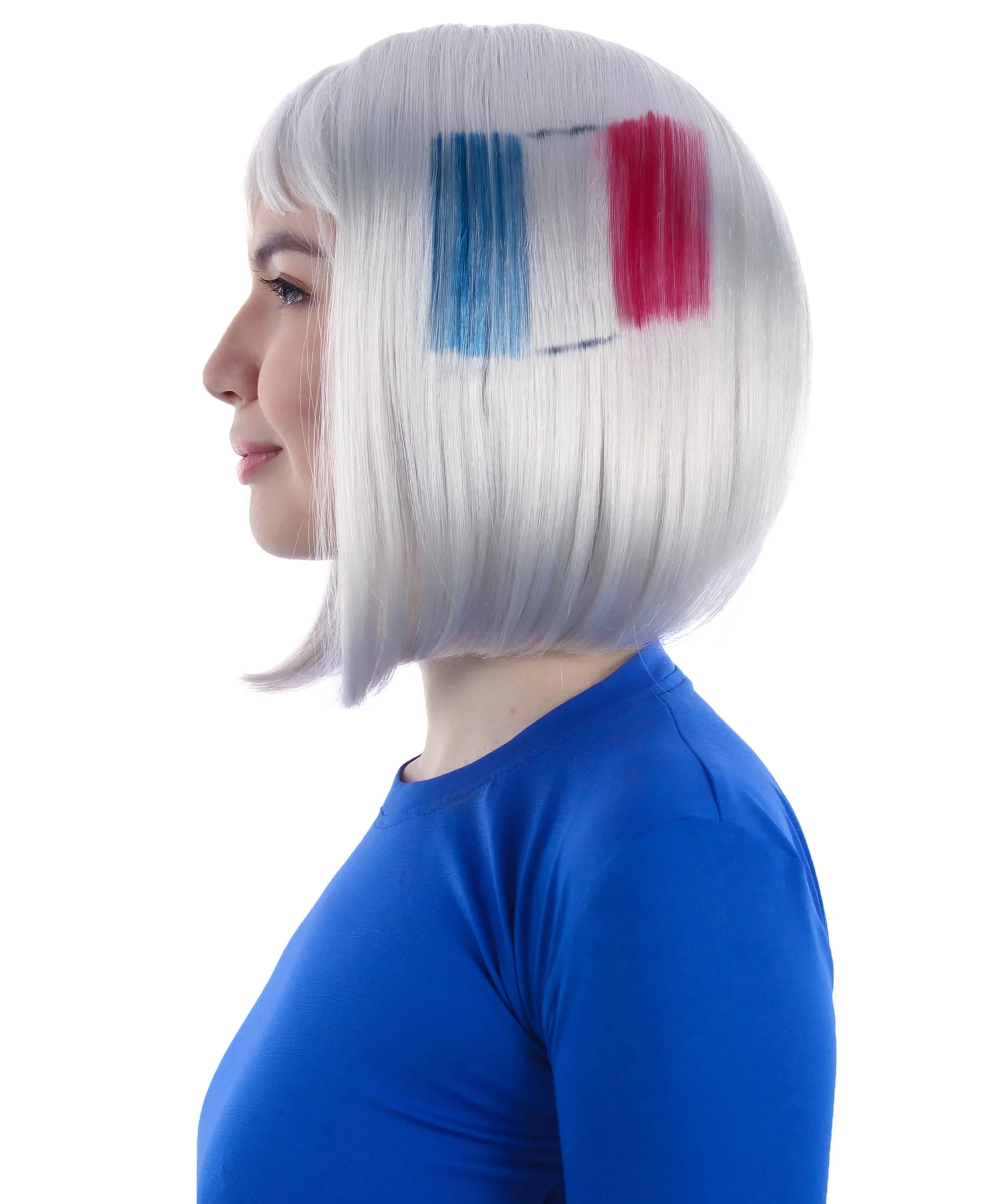 Adult Women’s Flag-themed Medium Length Bob Wig with Bangs for Sporting Events, Multiple Countries Option, Flame-retardant Synthetic Fiber Wigs | HPO