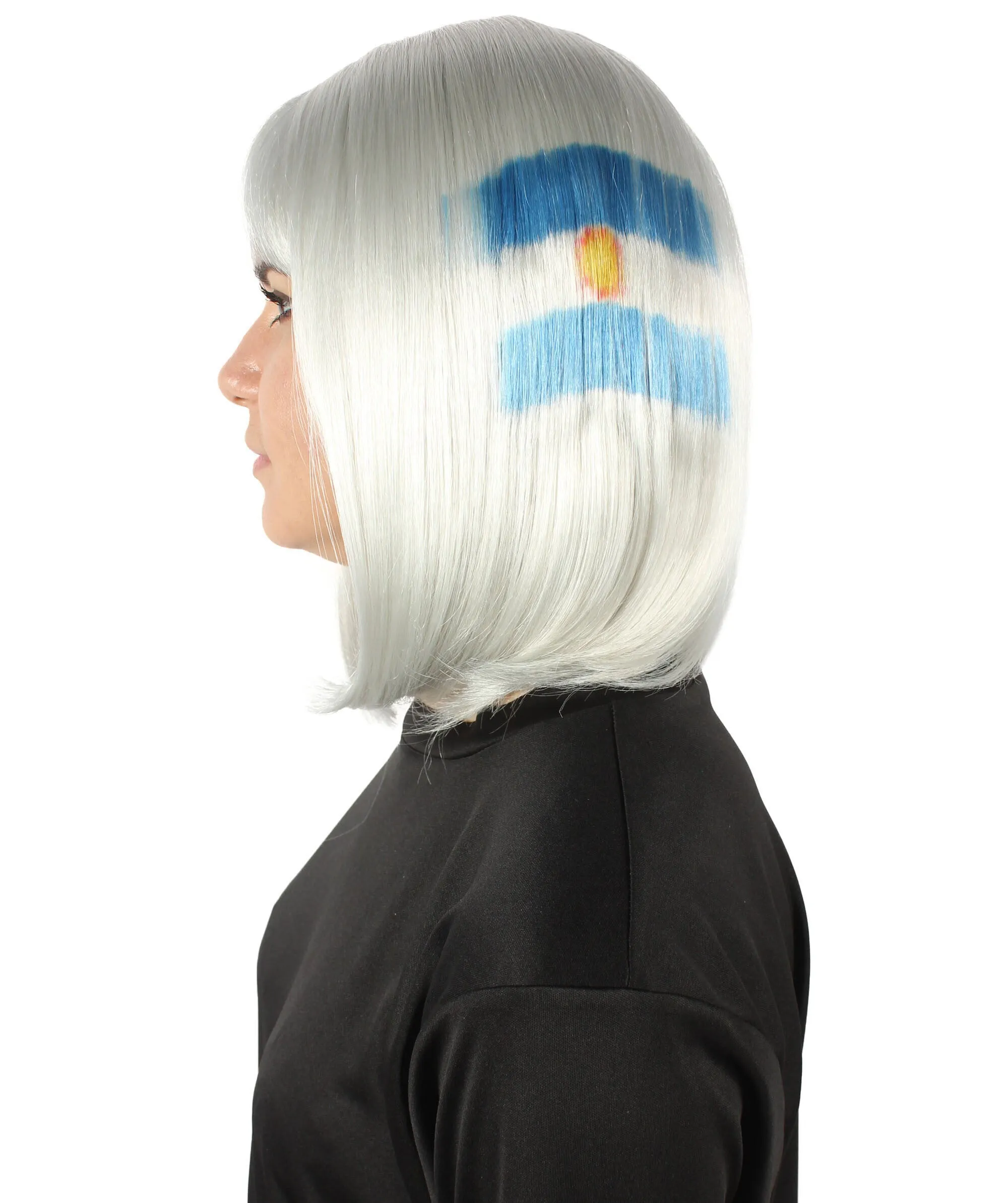 Adult Women’s Flag-themed Medium Length Bob Wig with Bangs for Sporting Events, Multiple Countries Option, Flame-retardant Synthetic Fiber Wigs | HPO