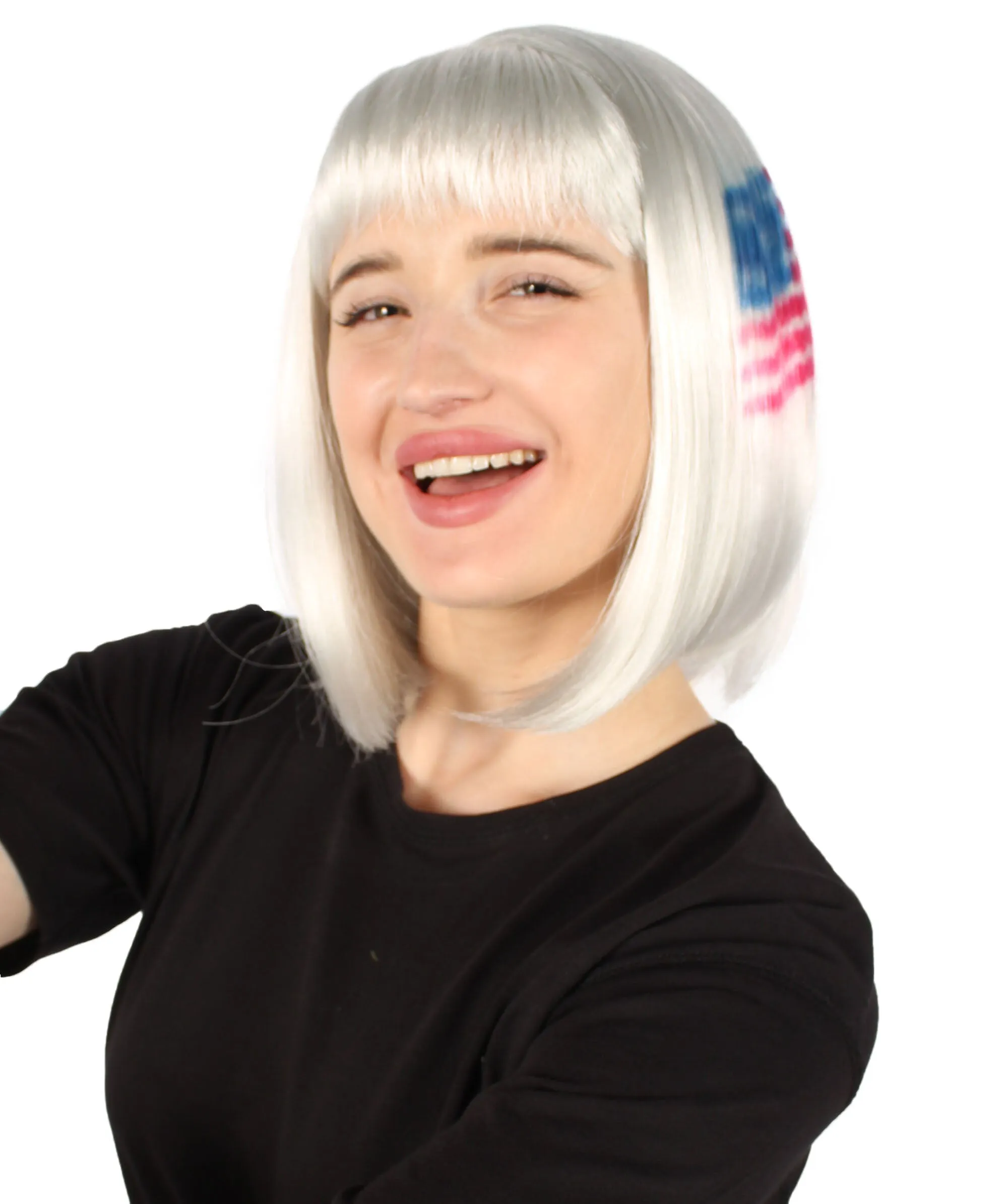 Adult Women’s Flag-themed Medium Length Bob Wig with Bangs for Sporting Events, Multiple Countries Option, Flame-retardant Synthetic Fiber Wigs | HPO