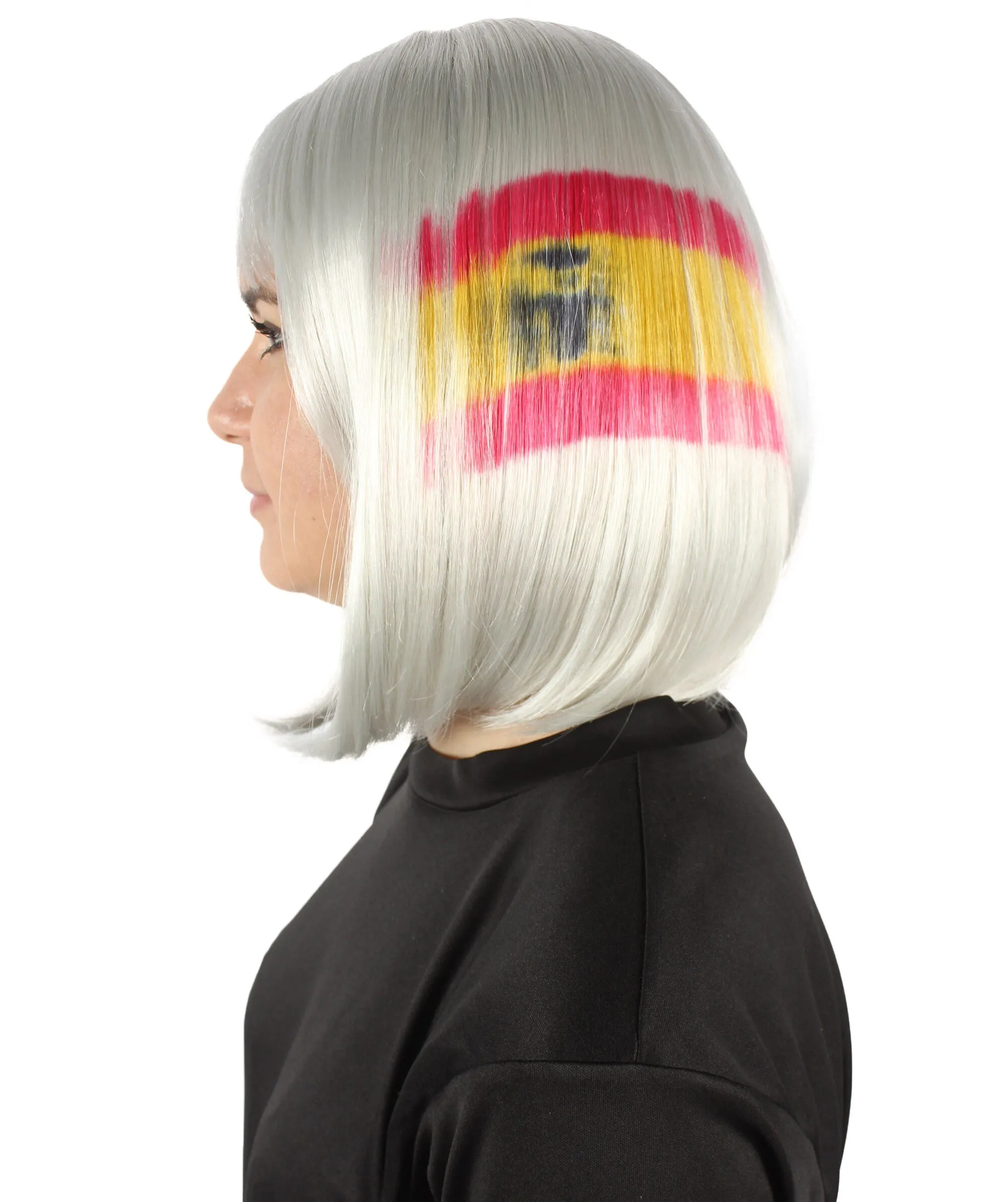 Adult Women’s Flag-themed Medium Length Bob Wig with Bangs for Sporting Events, Multiple Countries Option, Flame-retardant Synthetic Fiber Wigs | HPO