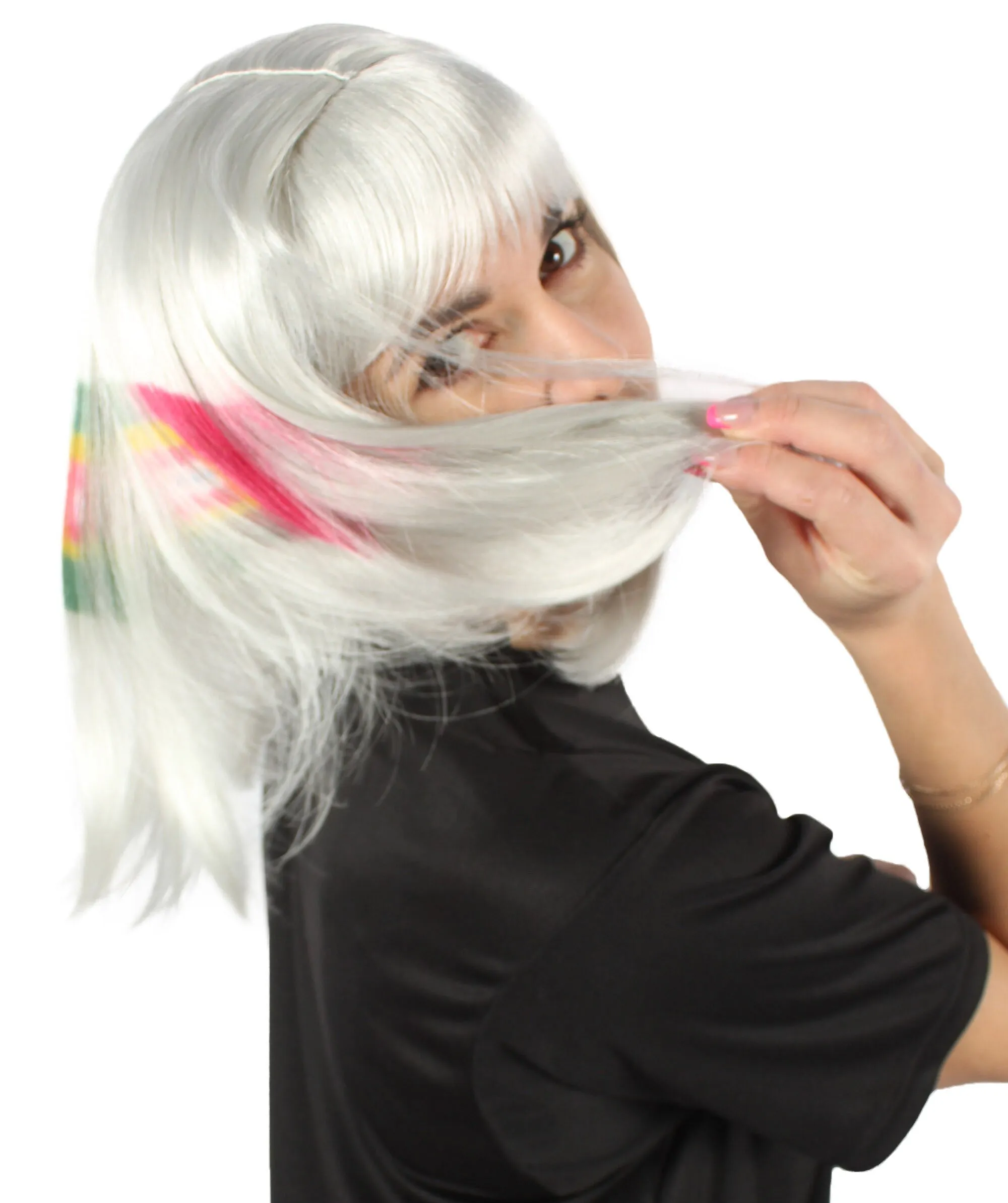 Adult Women’s Flag-themed Medium Length Bob Wig with Bangs for Sporting Events, Multiple Countries Option, Flame-retardant Synthetic Fiber Wigs | HPO