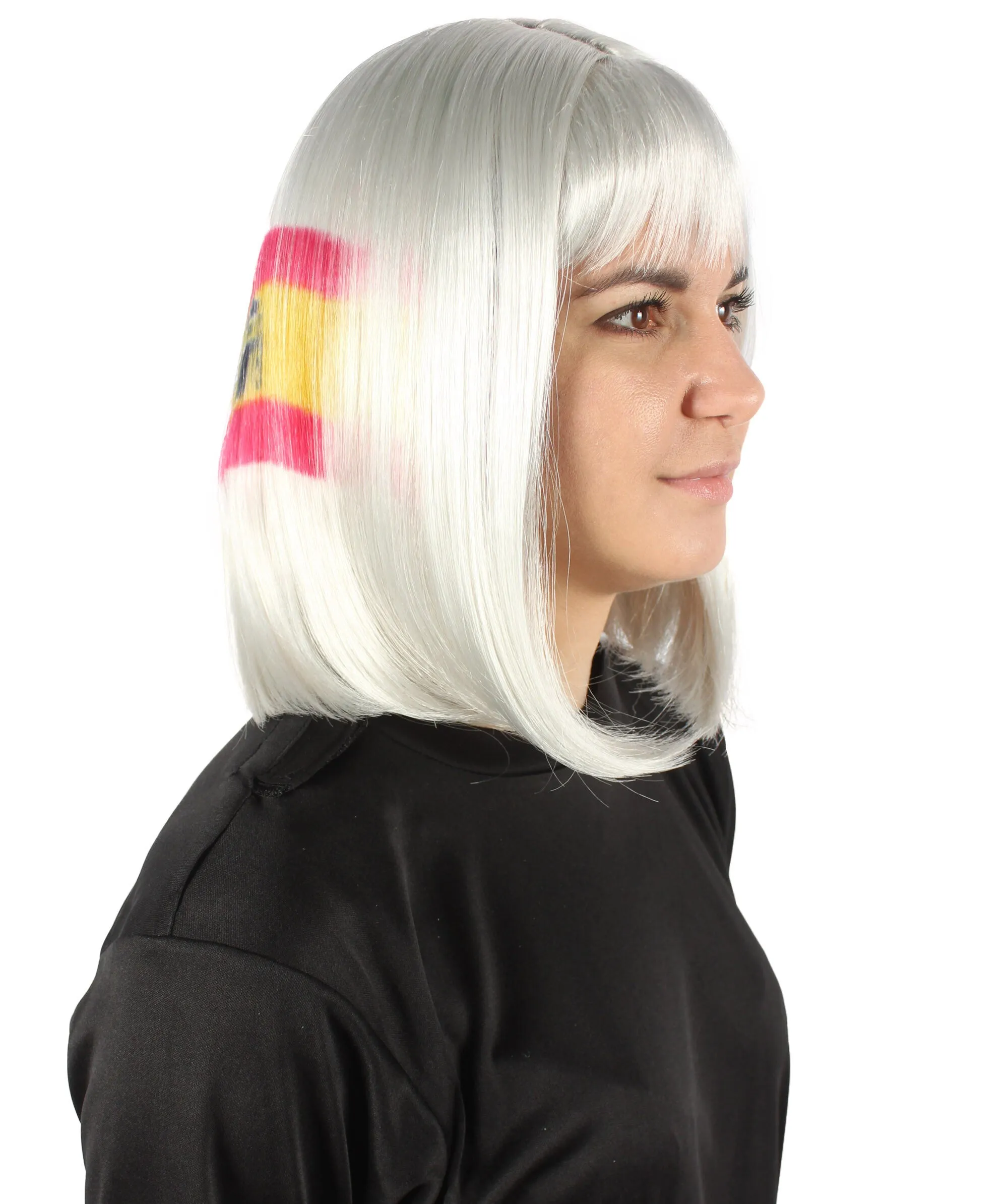 Adult Women’s Flag-themed Medium Length Bob Wig with Bangs for Sporting Events, Multiple Countries Option, Flame-retardant Synthetic Fiber Wigs | HPO