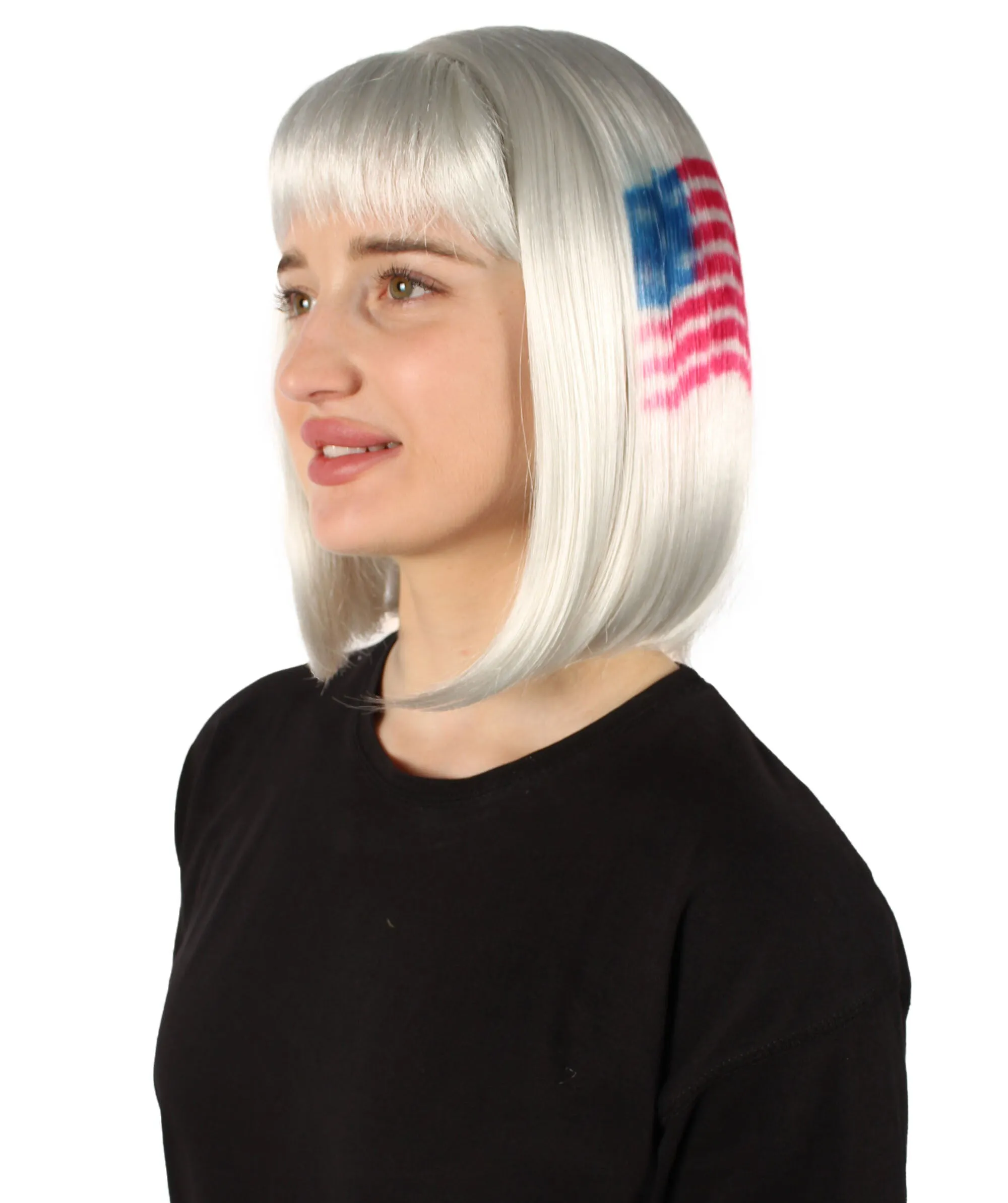 Adult Women’s Flag-themed Medium Length Bob Wig with Bangs for Sporting Events, Multiple Countries Option, Flame-retardant Synthetic Fiber Wigs | HPO