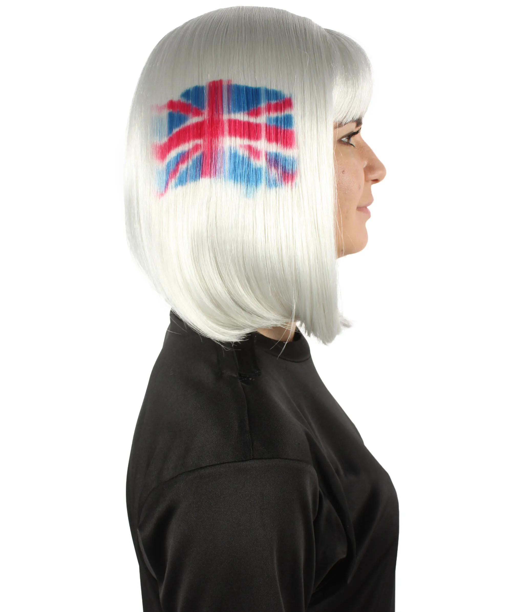 Adult Women’s Flag-themed Medium Length Bob Wig with Bangs for Sporting Events, Multiple Countries Option, Flame-retardant Synthetic Fiber Wigs | HPO