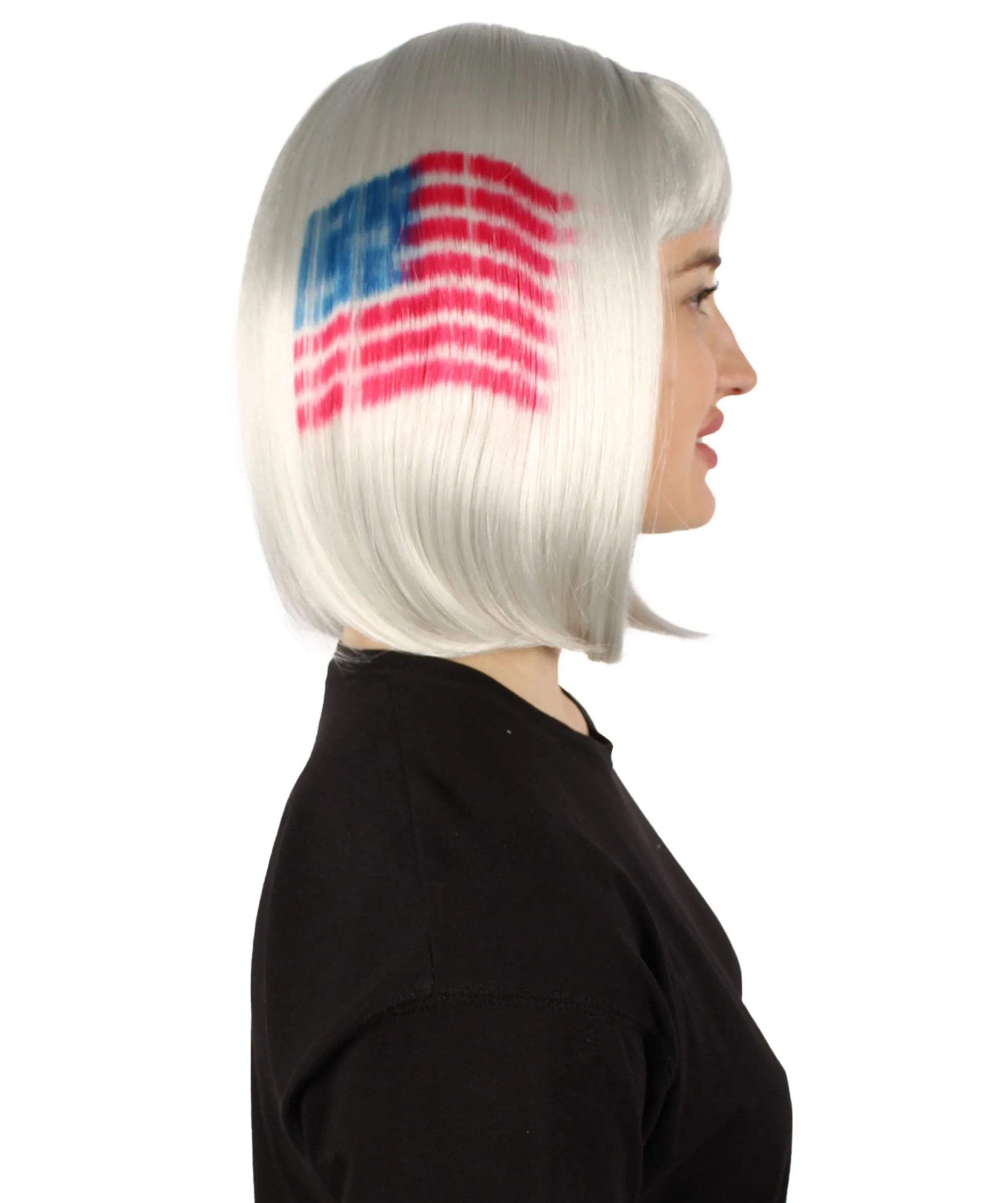 Adult Women’s Flag-themed Medium Length Bob Wig with Bangs for Sporting Events, Multiple Countries Option, Flame-retardant Synthetic Fiber Wigs | HPO