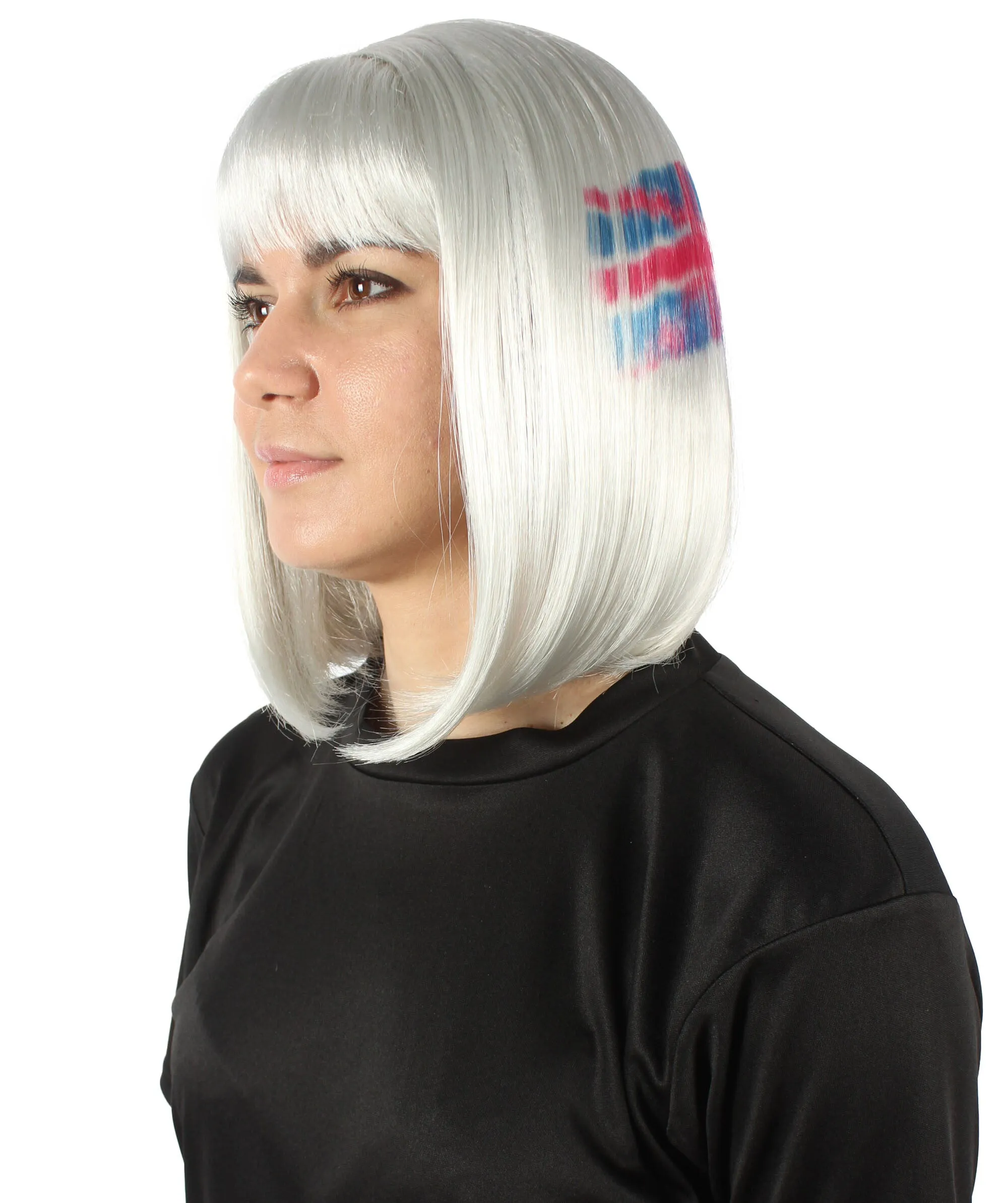 Adult Women’s Flag-themed Medium Length Bob Wig with Bangs for Sporting Events, Multiple Countries Option, Flame-retardant Synthetic Fiber Wigs | HPO