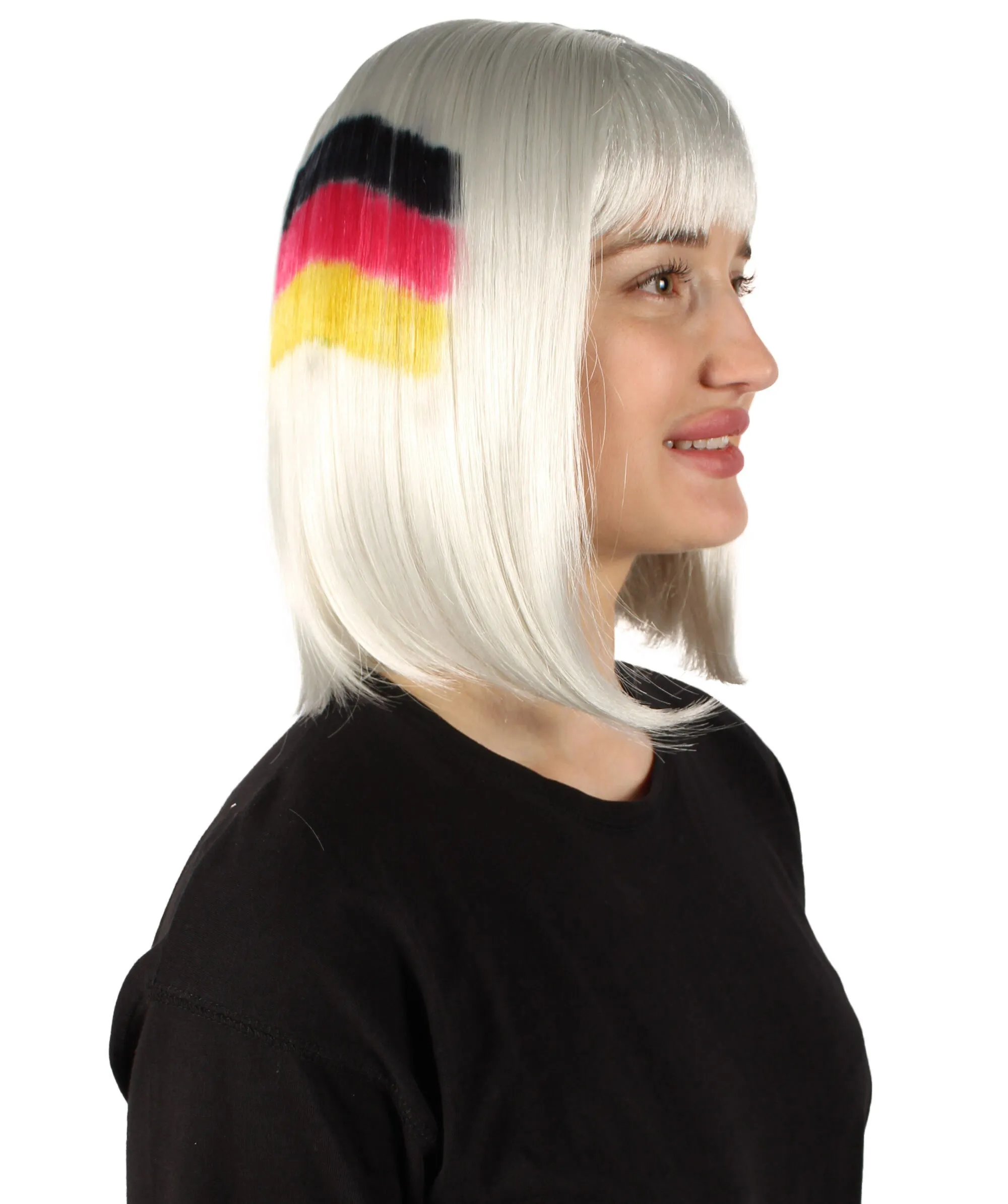 Adult Women’s Flag-themed Medium Length Bob Wig with Bangs for Sporting Events, Multiple Countries Option, Flame-retardant Synthetic Fiber Wigs | HPO