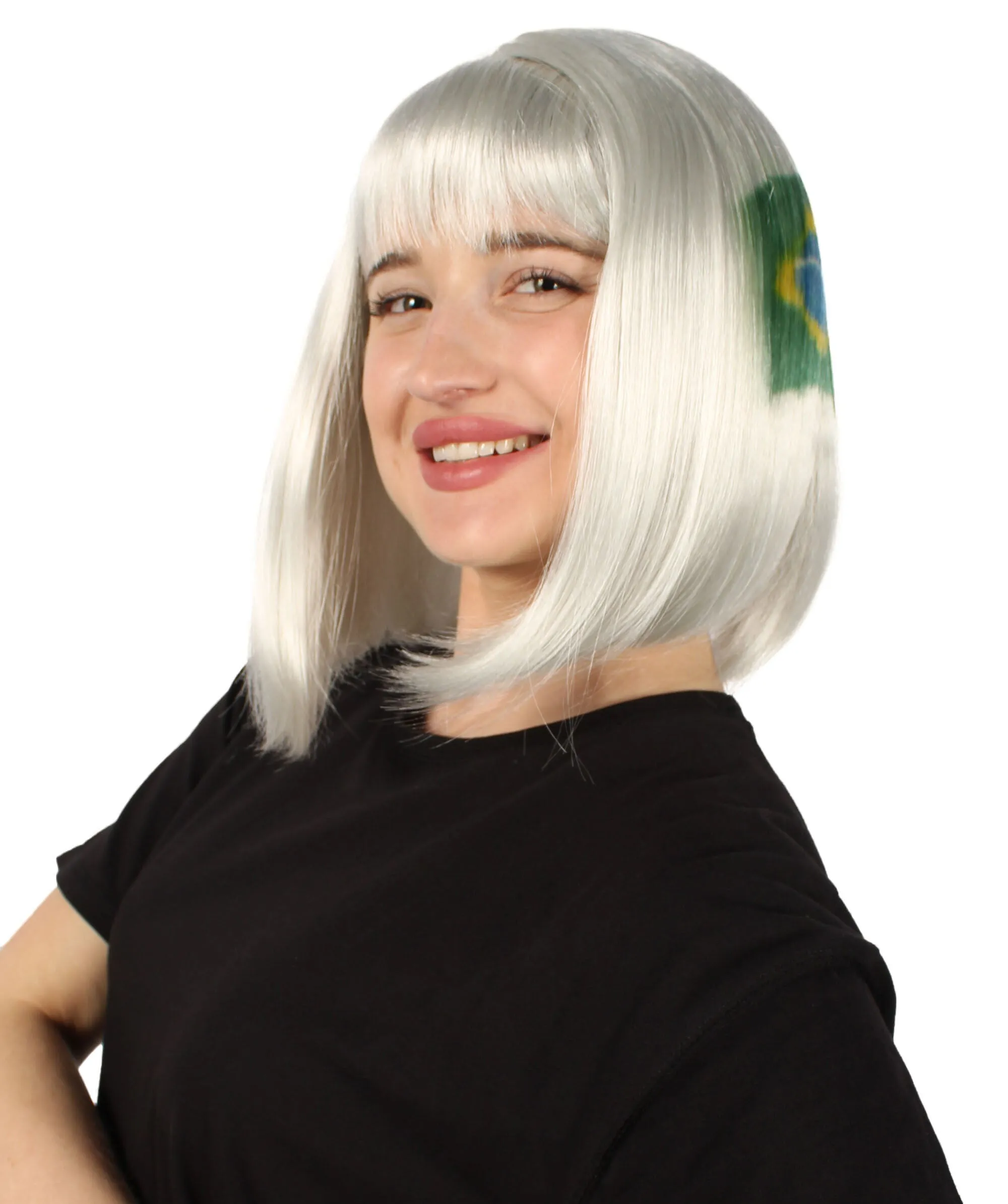 Adult Women’s Flag-themed Medium Length Bob Wig with Bangs for Sporting Events, Multiple Countries Option, Flame-retardant Synthetic Fiber Wigs | HPO