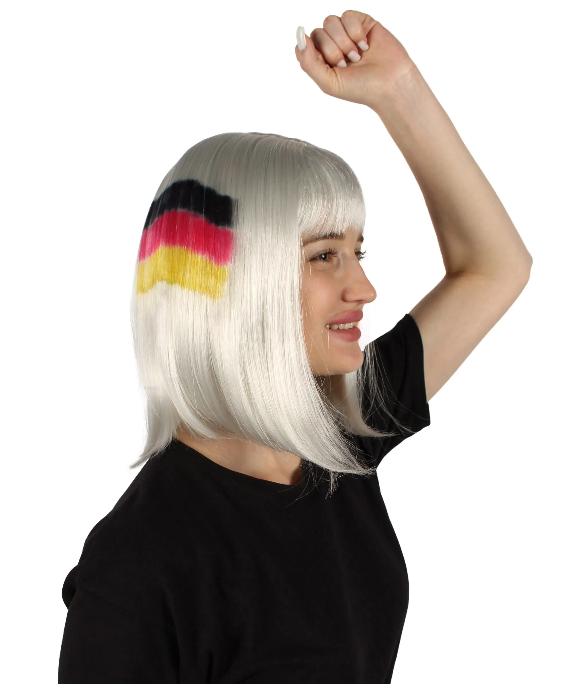 Adult Women’s Flag-themed Medium Length Bob Wig with Bangs for Sporting Events, Multiple Countries Option, Flame-retardant Synthetic Fiber Wigs | HPO