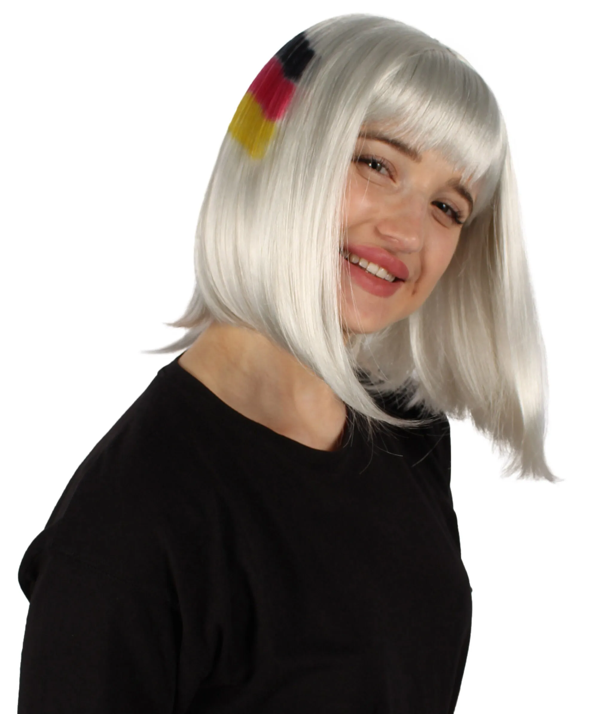 Adult Women’s Flag-themed Medium Length Bob Wig with Bangs for Sporting Events, Multiple Countries Option, Flame-retardant Synthetic Fiber Wigs | HPO