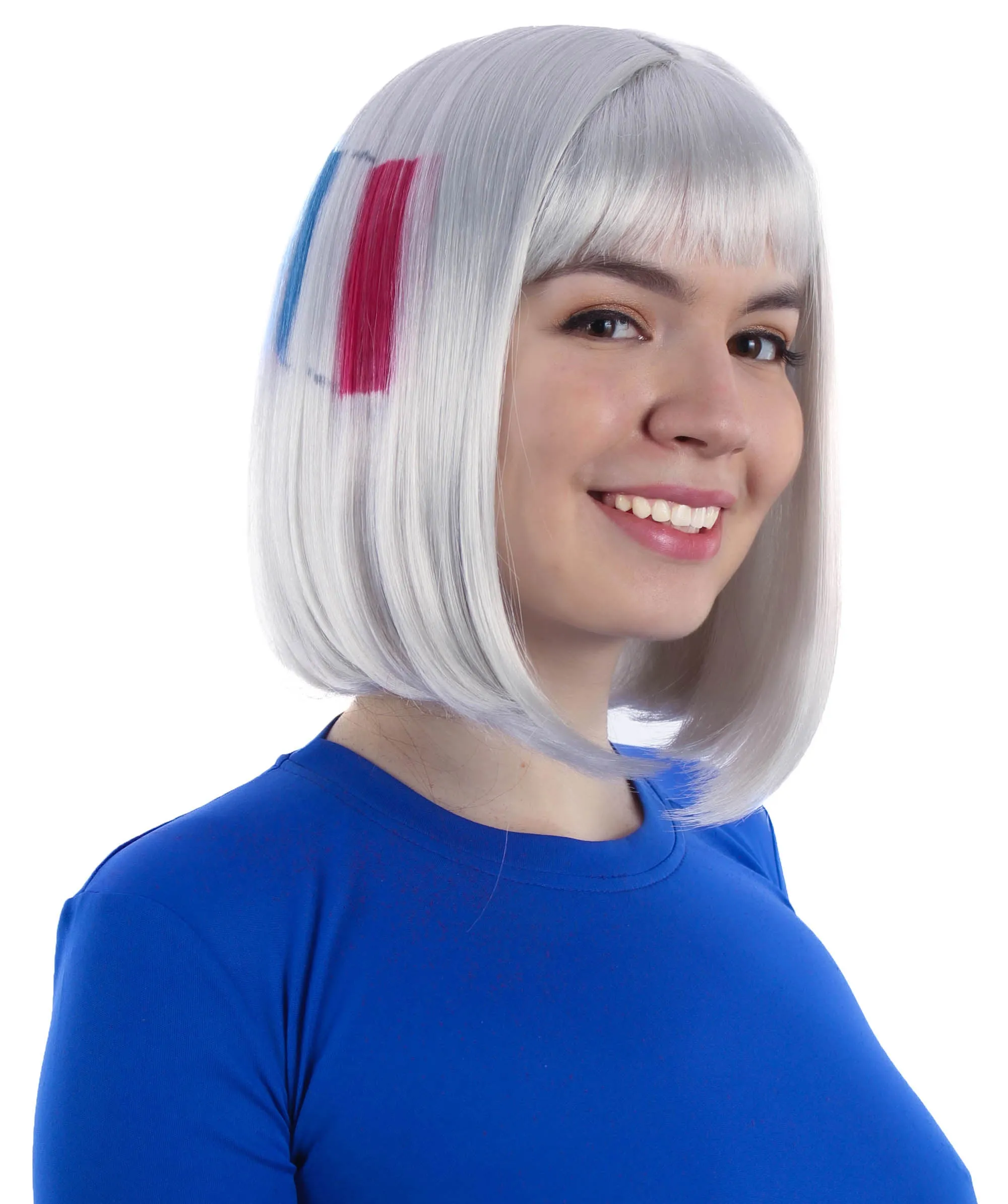 Adult Women’s Flag-themed Medium Length Bob Wig with Bangs for Sporting Events, Multiple Countries Option, Flame-retardant Synthetic Fiber Wigs | HPO