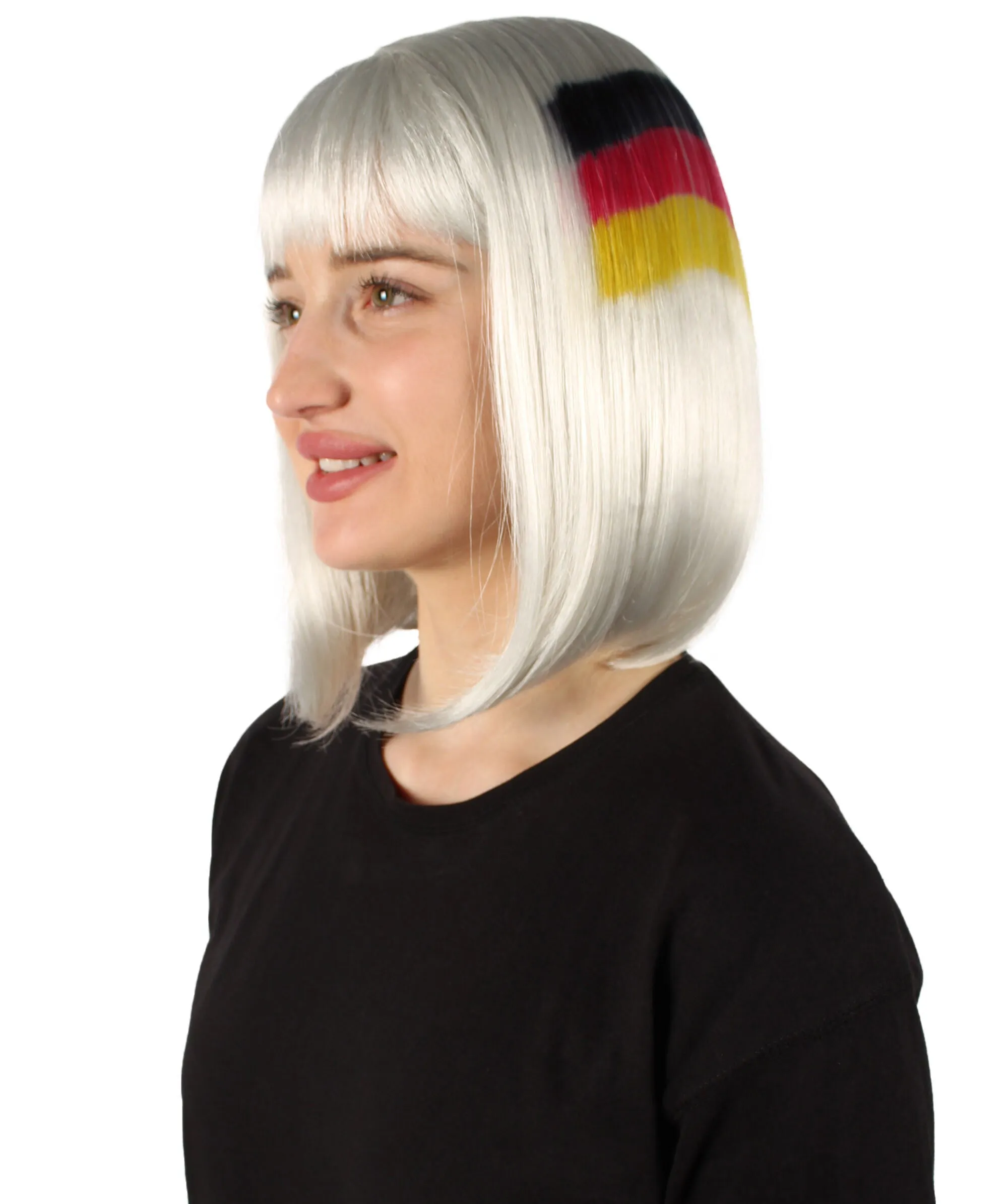 Adult Women’s Flag-themed Medium Length Bob Wig with Bangs for Sporting Events, Multiple Countries Option, Flame-retardant Synthetic Fiber Wigs | HPO