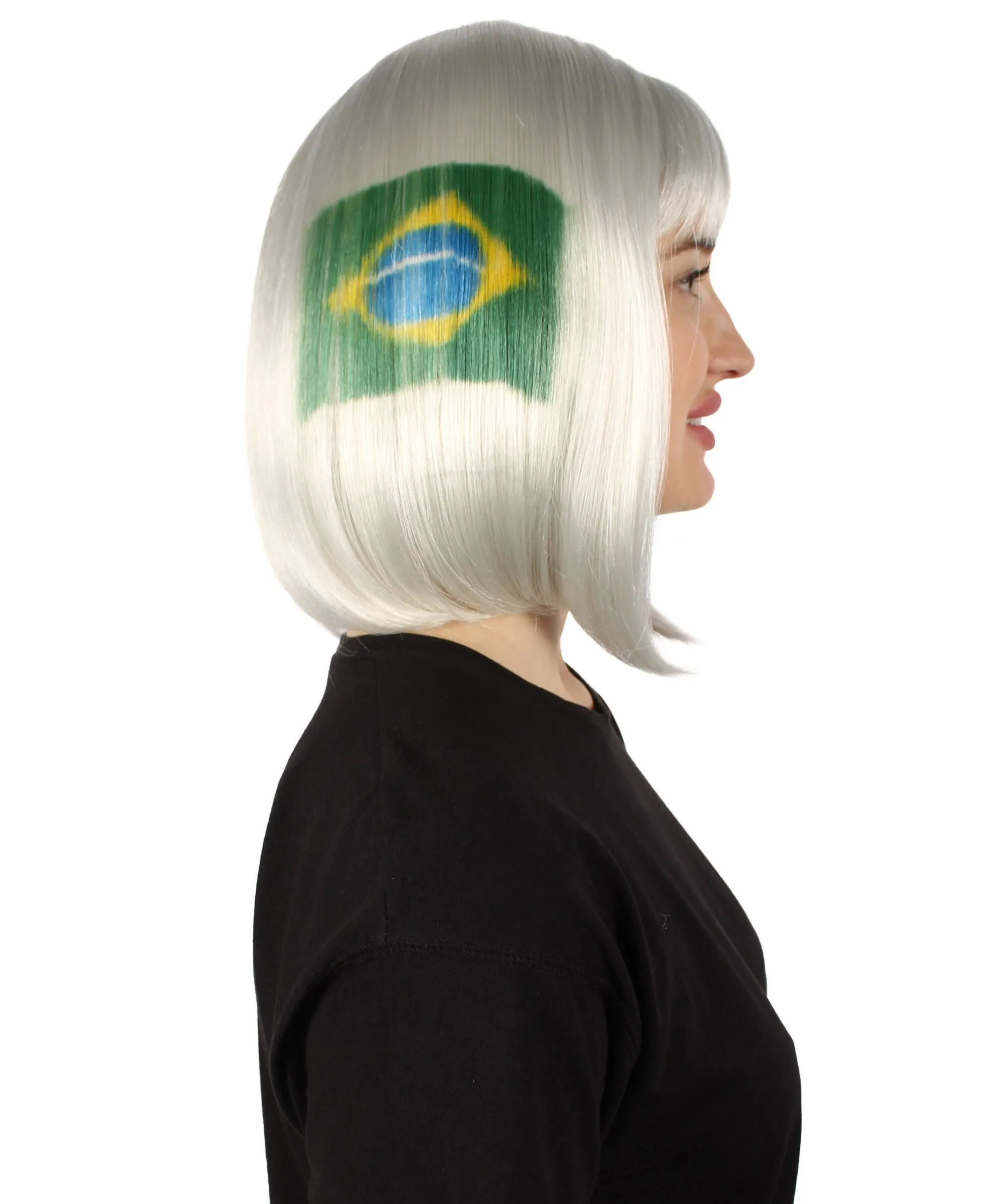 Adult Women’s Flag-themed Medium Length Bob Wig with Bangs for Sporting Events, Multiple Countries Option, Flame-retardant Synthetic Fiber Wigs | HPO