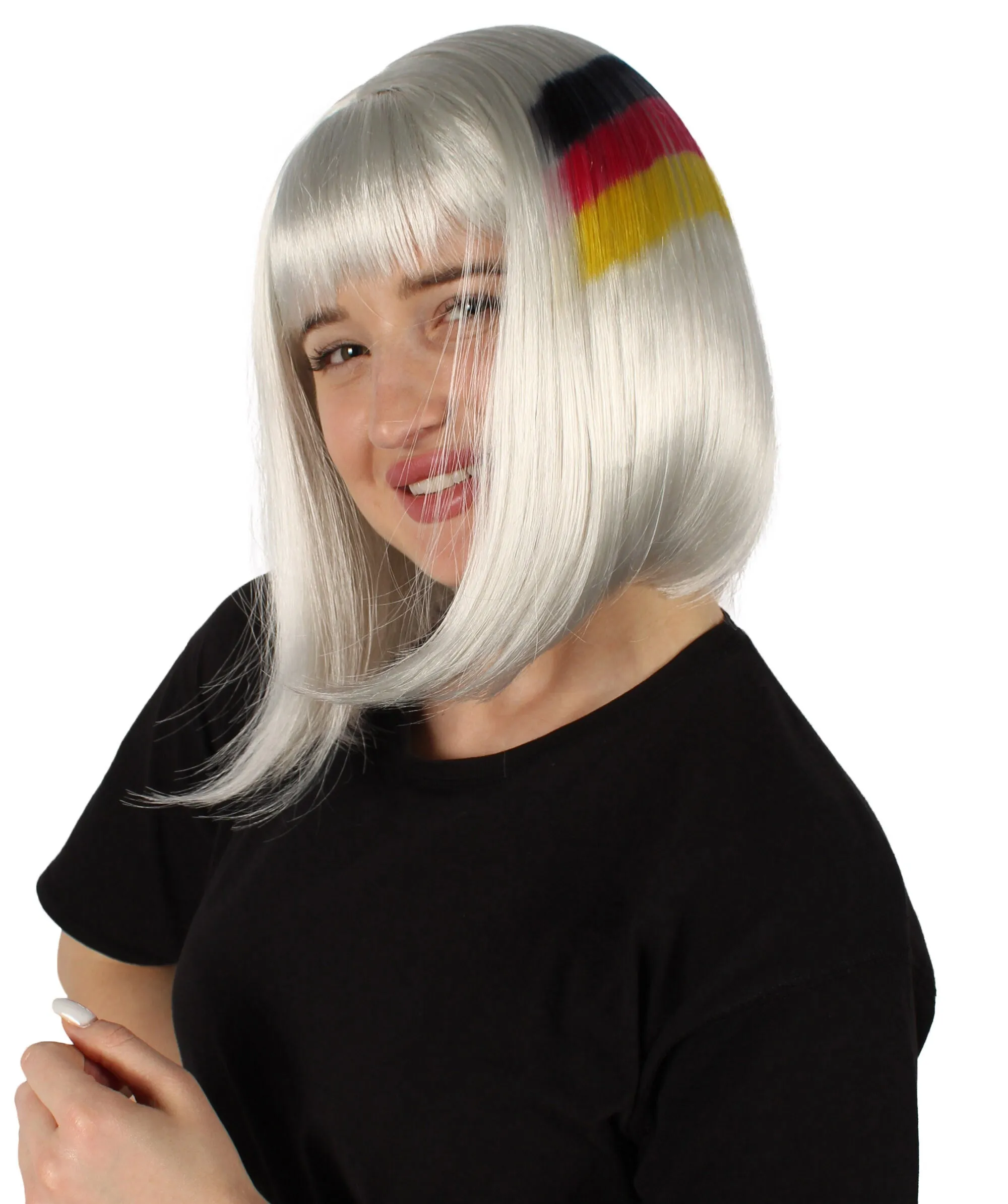 Adult Women’s Flag-themed Medium Length Bob Wig with Bangs for Sporting Events, Multiple Countries Option, Flame-retardant Synthetic Fiber Wigs | HPO