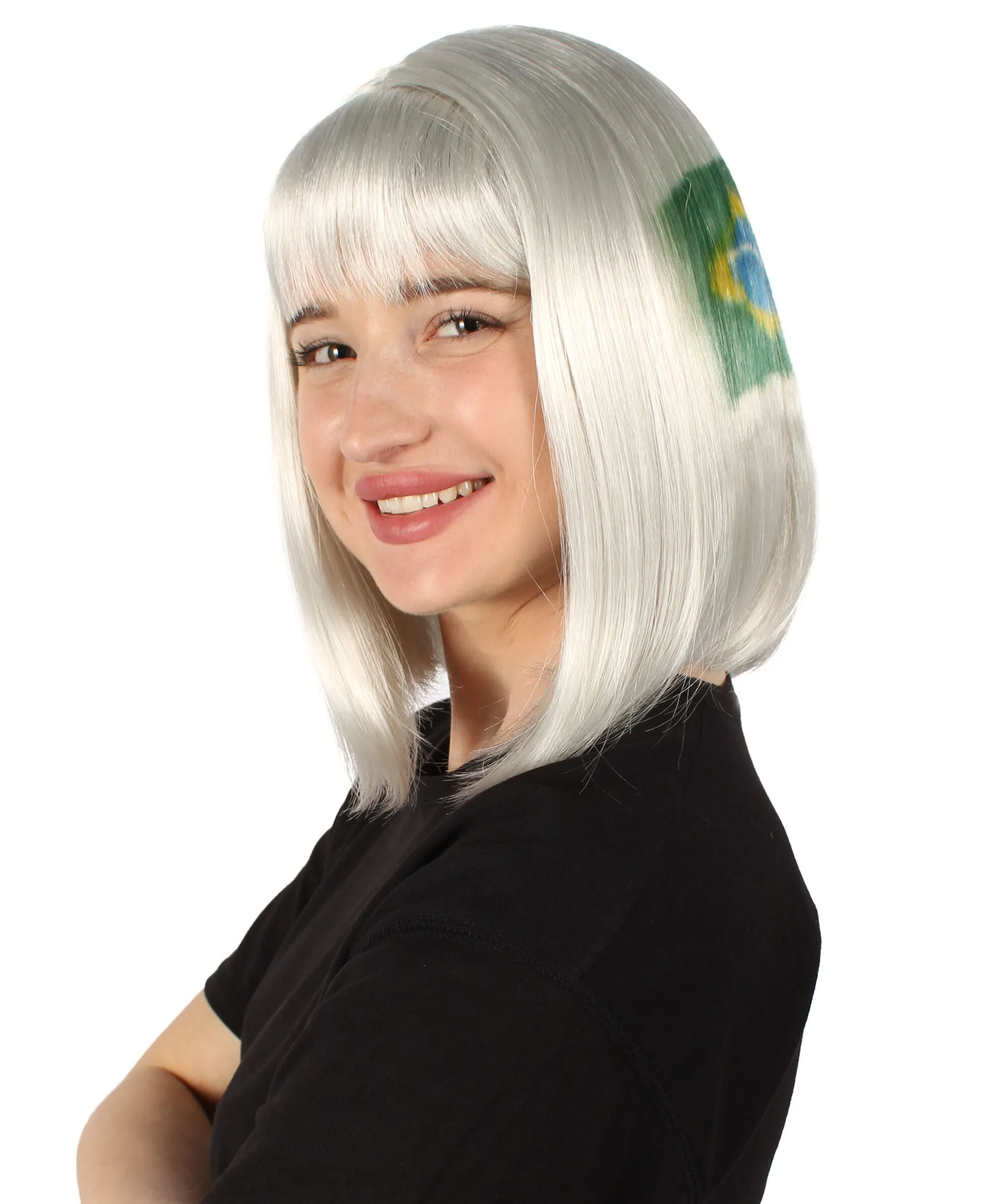 Adult Women’s Flag-themed Medium Length Bob Wig with Bangs for Sporting Events, Multiple Countries Option, Flame-retardant Synthetic Fiber Wigs | HPO