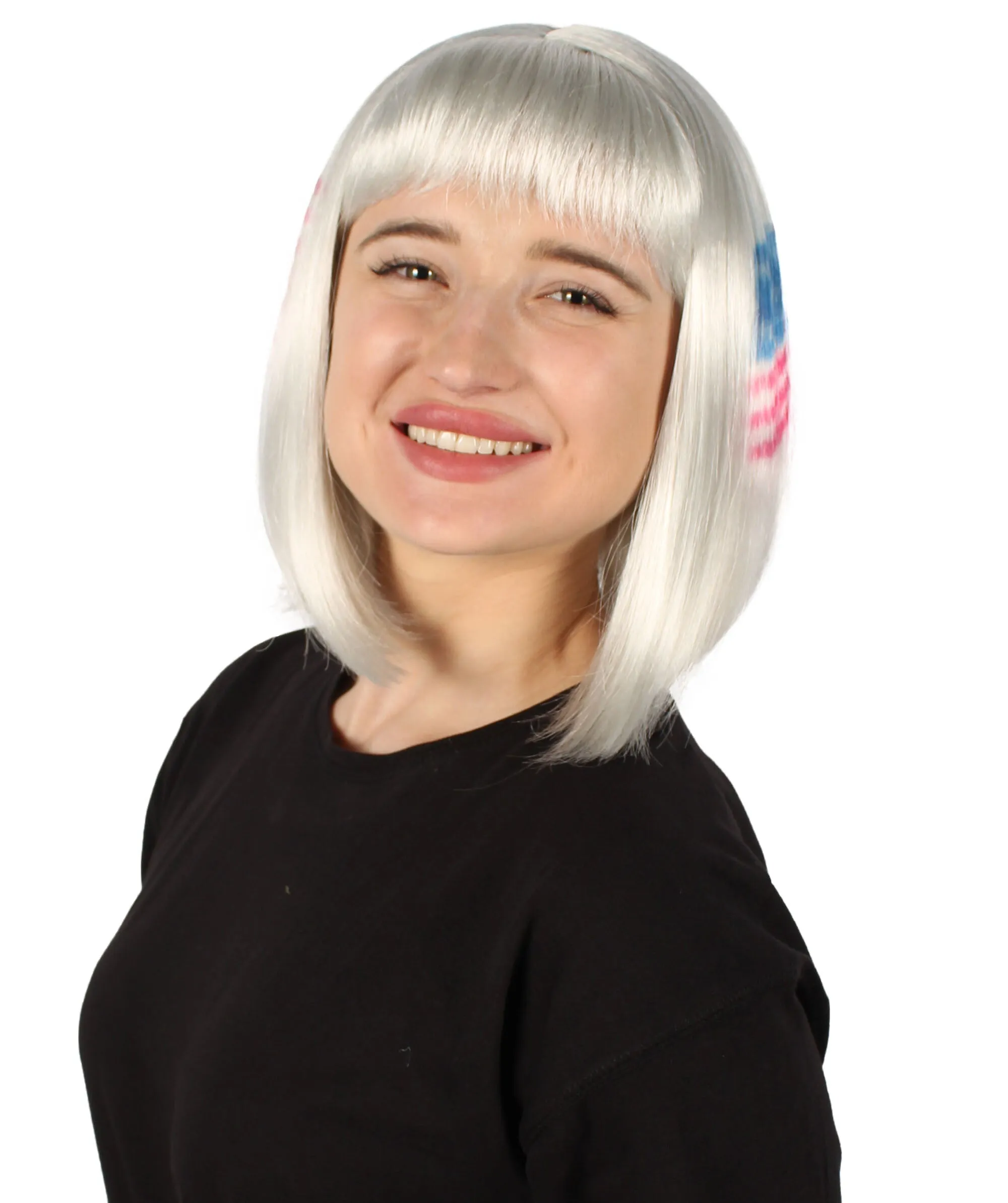 Adult Women’s Flag-themed Medium Length Bob Wig with Bangs for Sporting Events, Multiple Countries Option, Flame-retardant Synthetic Fiber Wigs | HPO