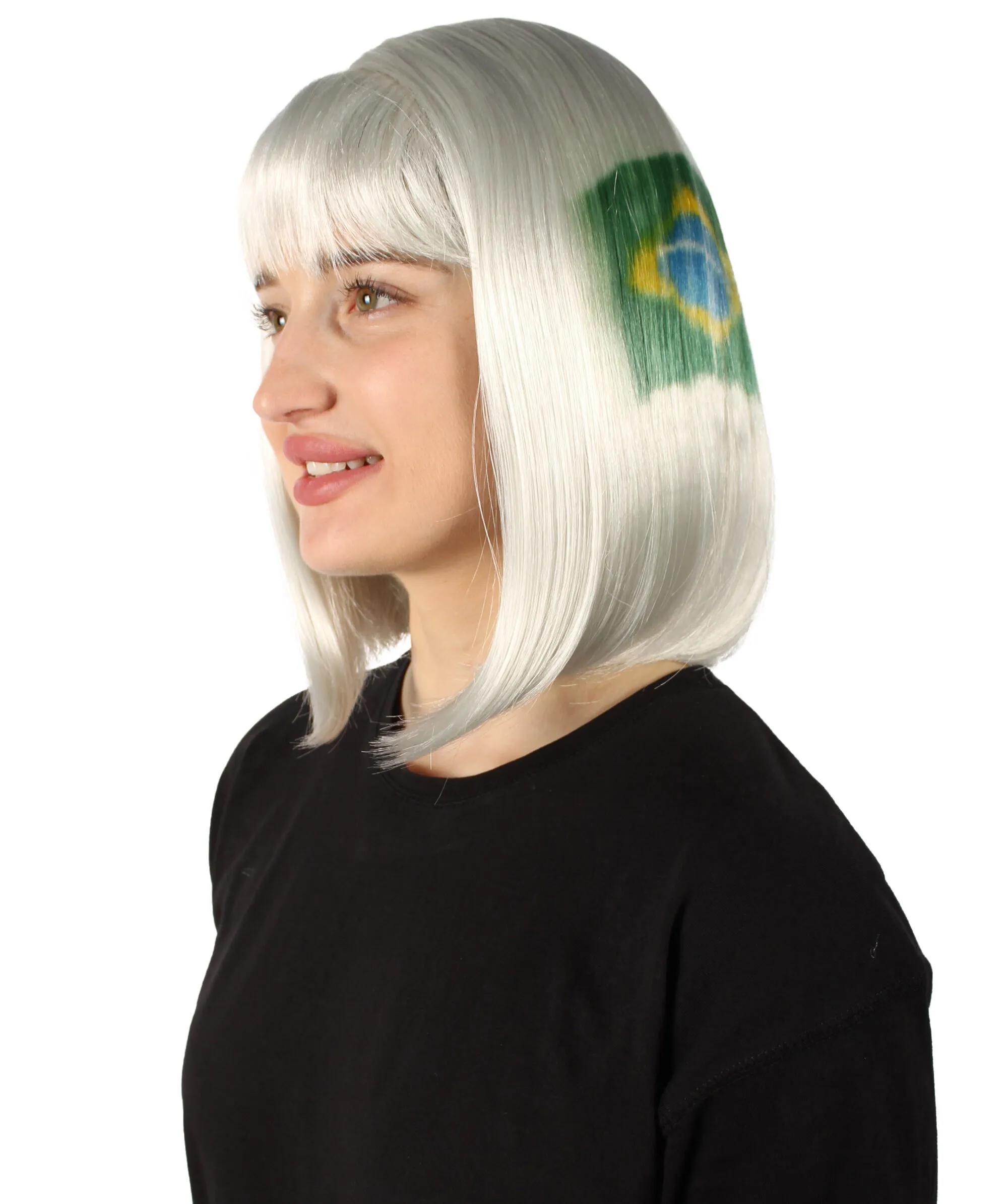 Adult Women’s Flag-themed Medium Length Bob Wig with Bangs for Sporting Events, Multiple Countries Option, Flame-retardant Synthetic Fiber Wigs | HPO