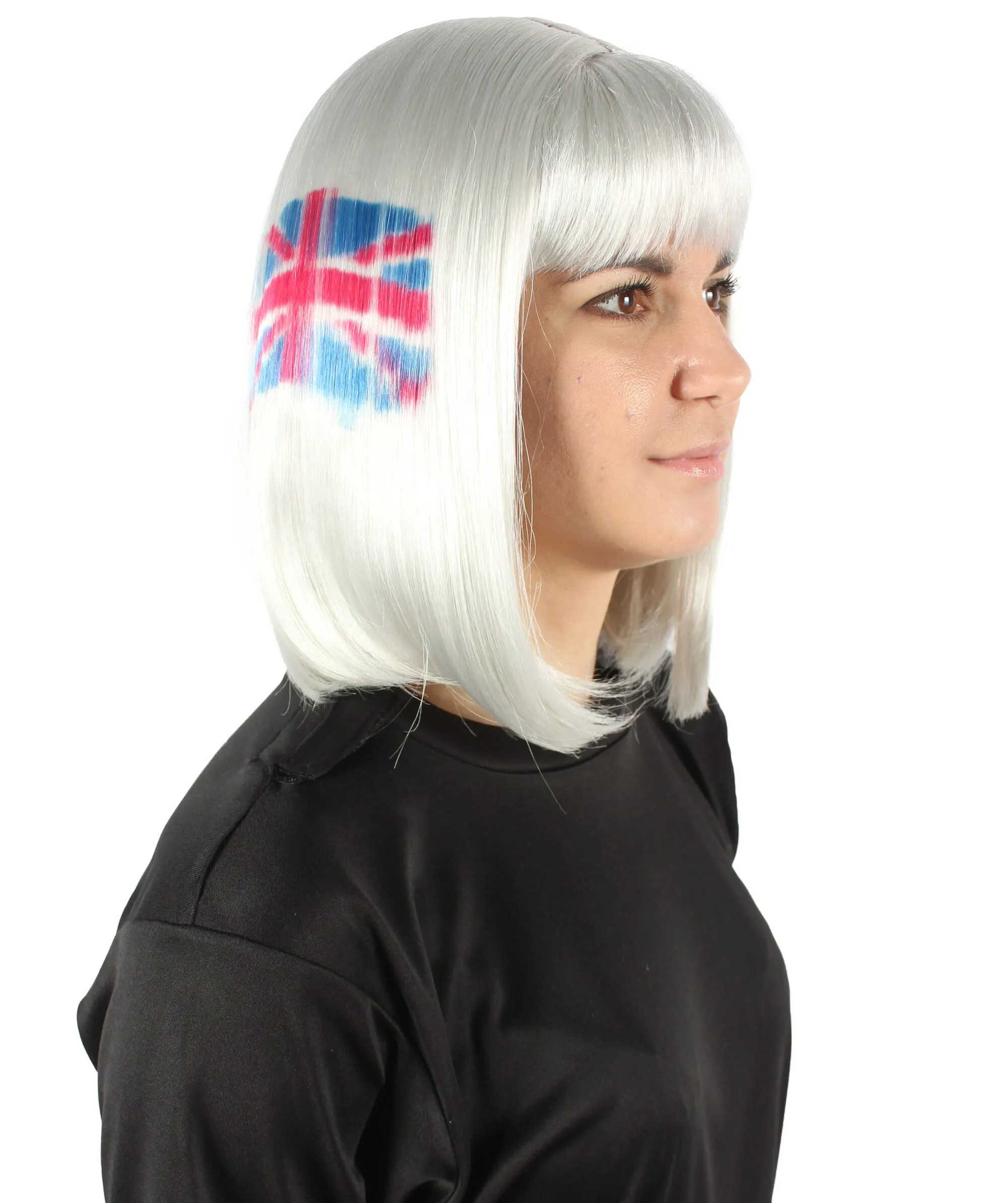 Adult Women’s Flag-themed Medium Length Bob Wig with Bangs for Sporting Events, Multiple Countries Option, Flame-retardant Synthetic Fiber Wigs | HPO