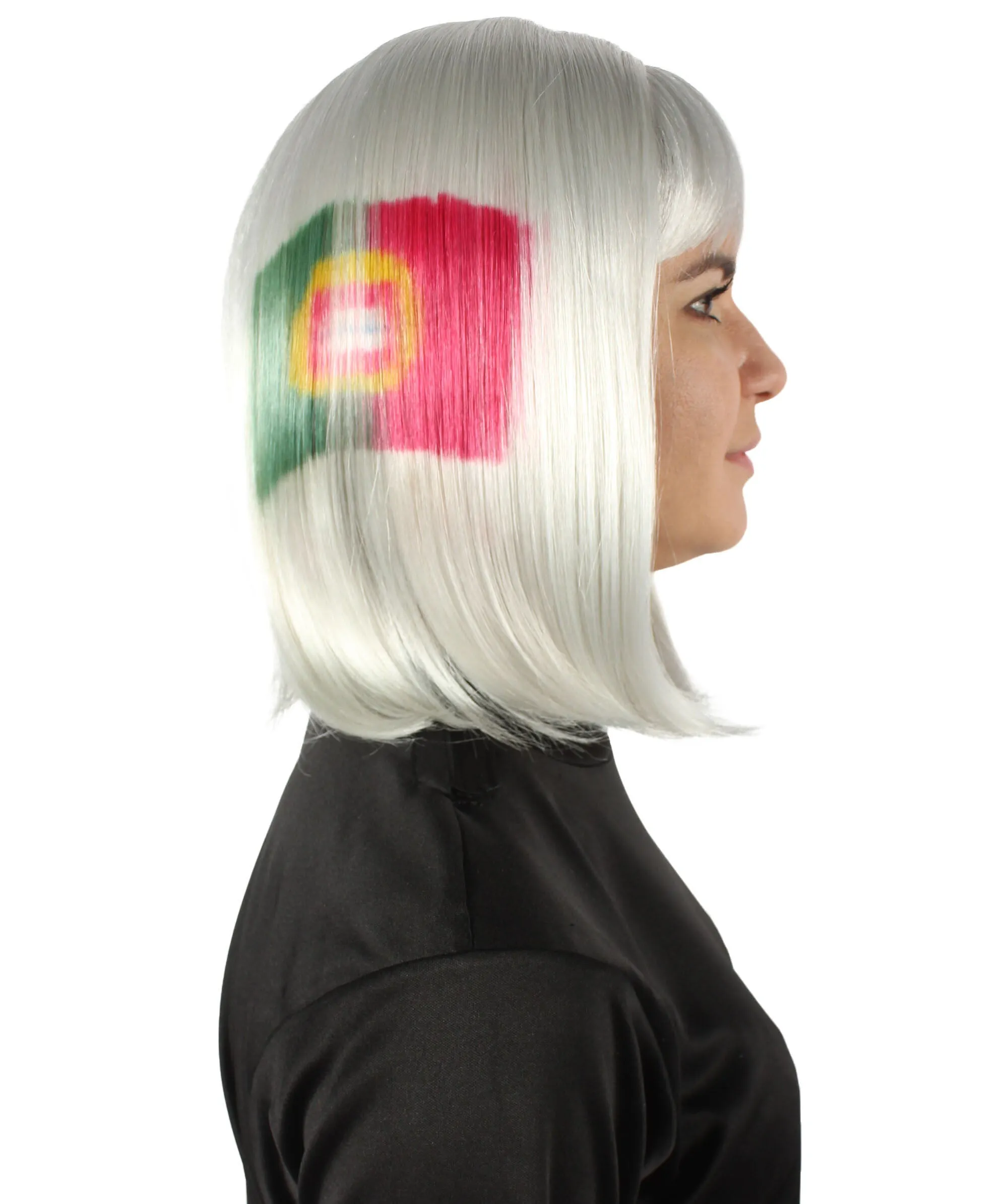 Adult Women’s Flag-themed Medium Length Bob Wig with Bangs for Sporting Events, Multiple Countries Option, Flame-retardant Synthetic Fiber Wigs | HPO