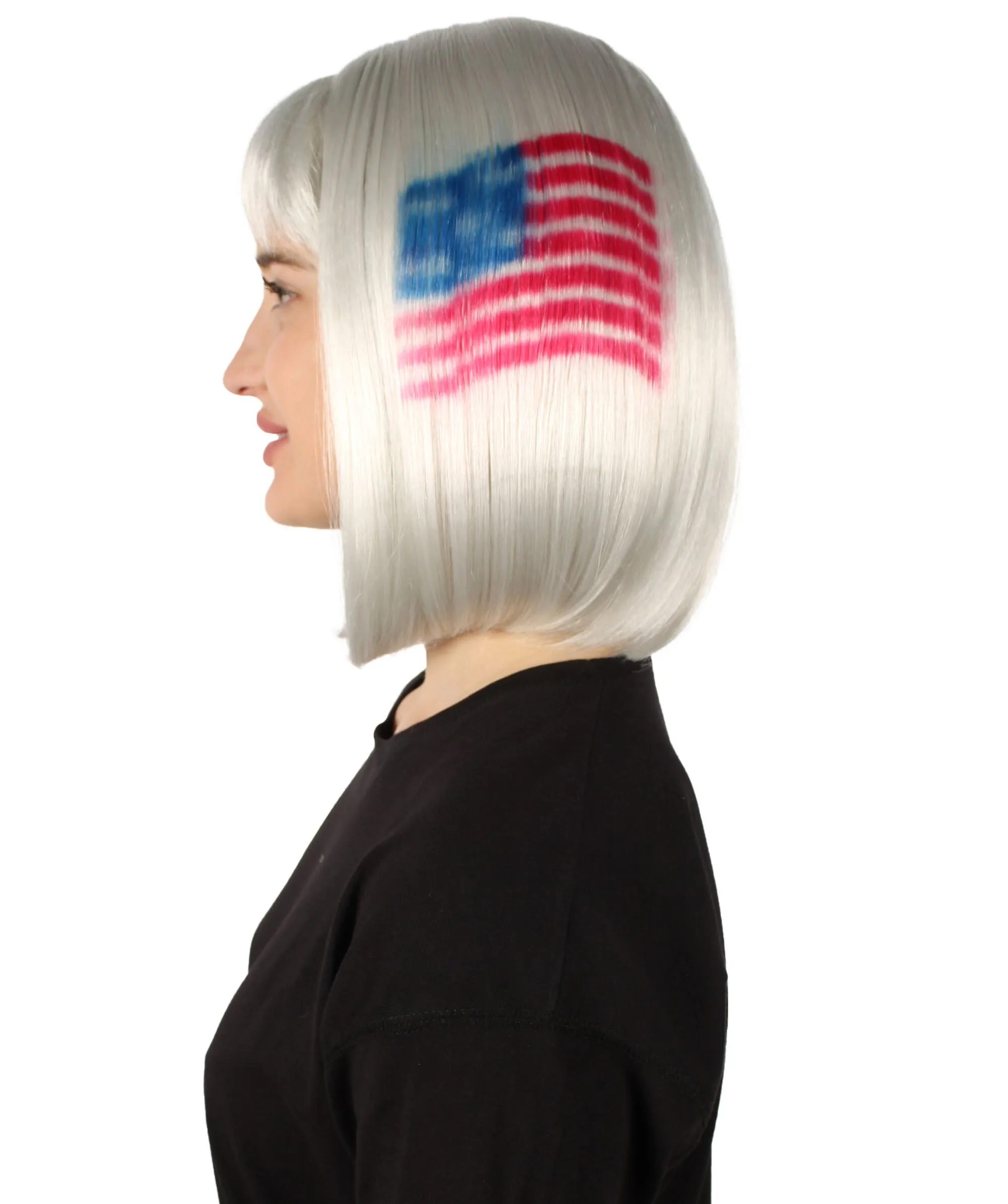 Adult Women’s Flag-themed Medium Length Bob Wig with Bangs for Sporting Events, Multiple Countries Option, Flame-retardant Synthetic Fiber Wigs | HPO