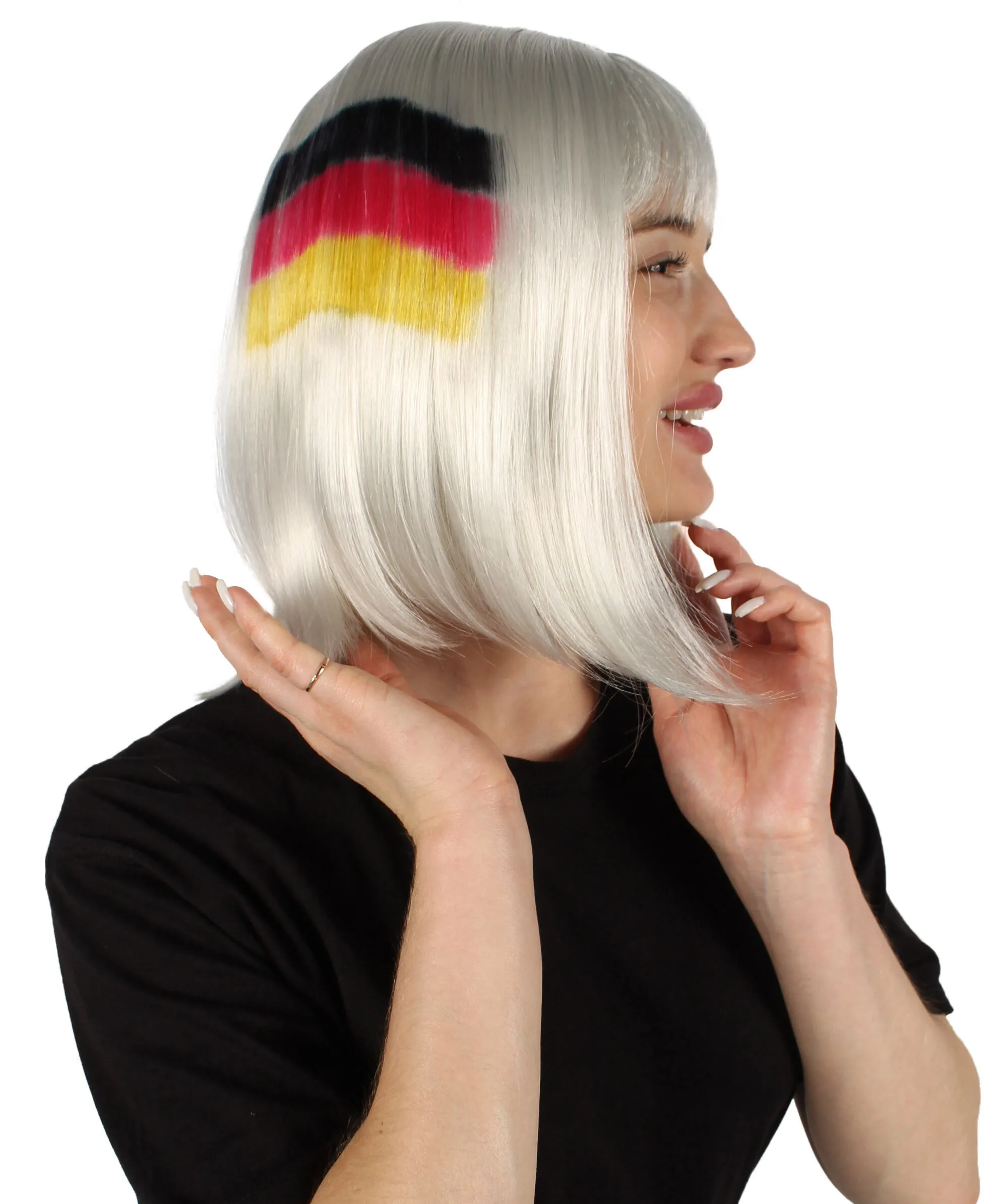 Adult Women’s Flag-themed Medium Length Bob Wig with Bangs for Sporting Events, Multiple Countries Option, Flame-retardant Synthetic Fiber Wigs | HPO