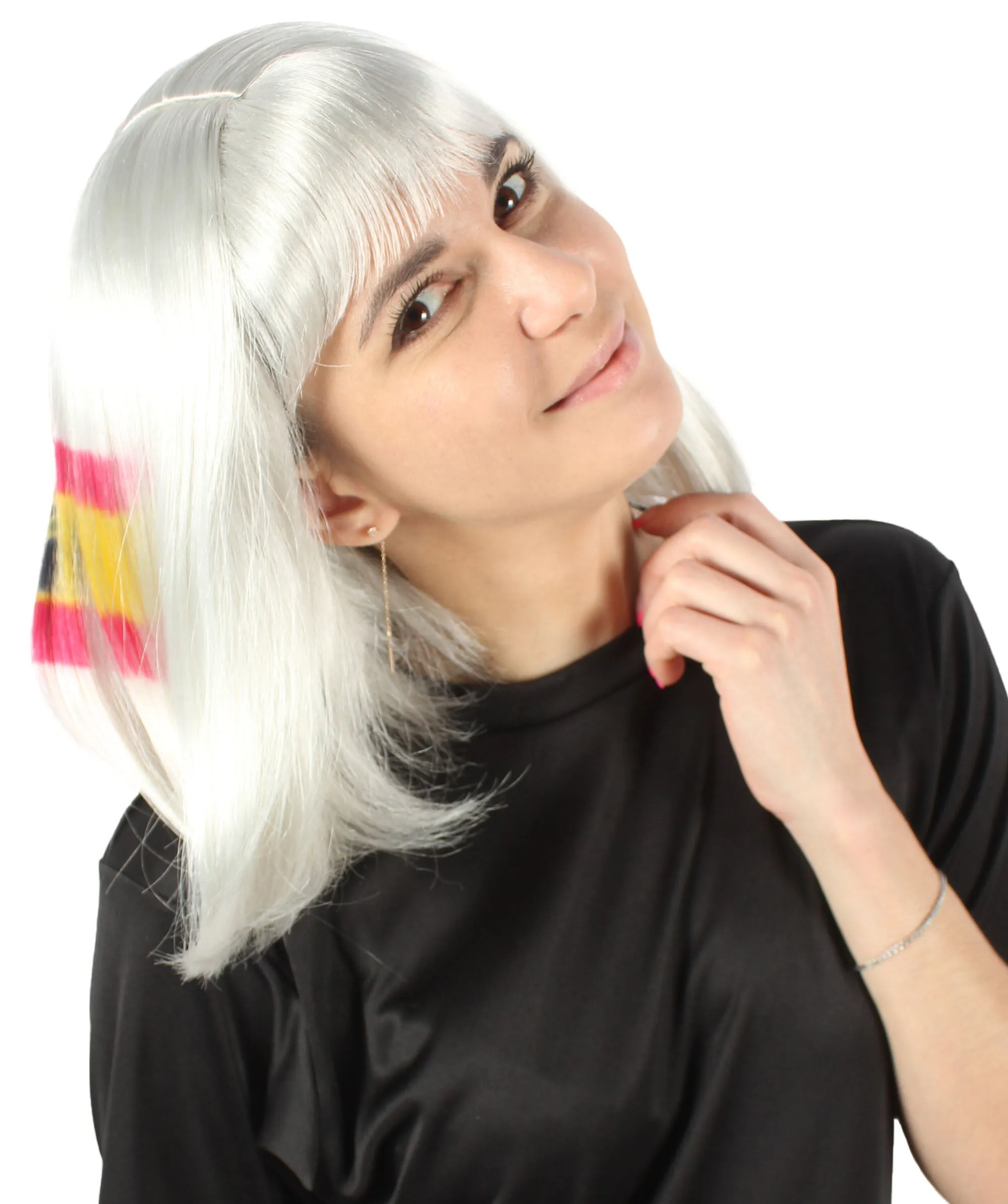 Adult Women’s Flag-themed Medium Length Bob Wig with Bangs for Sporting Events, Multiple Countries Option, Flame-retardant Synthetic Fiber Wigs | HPO