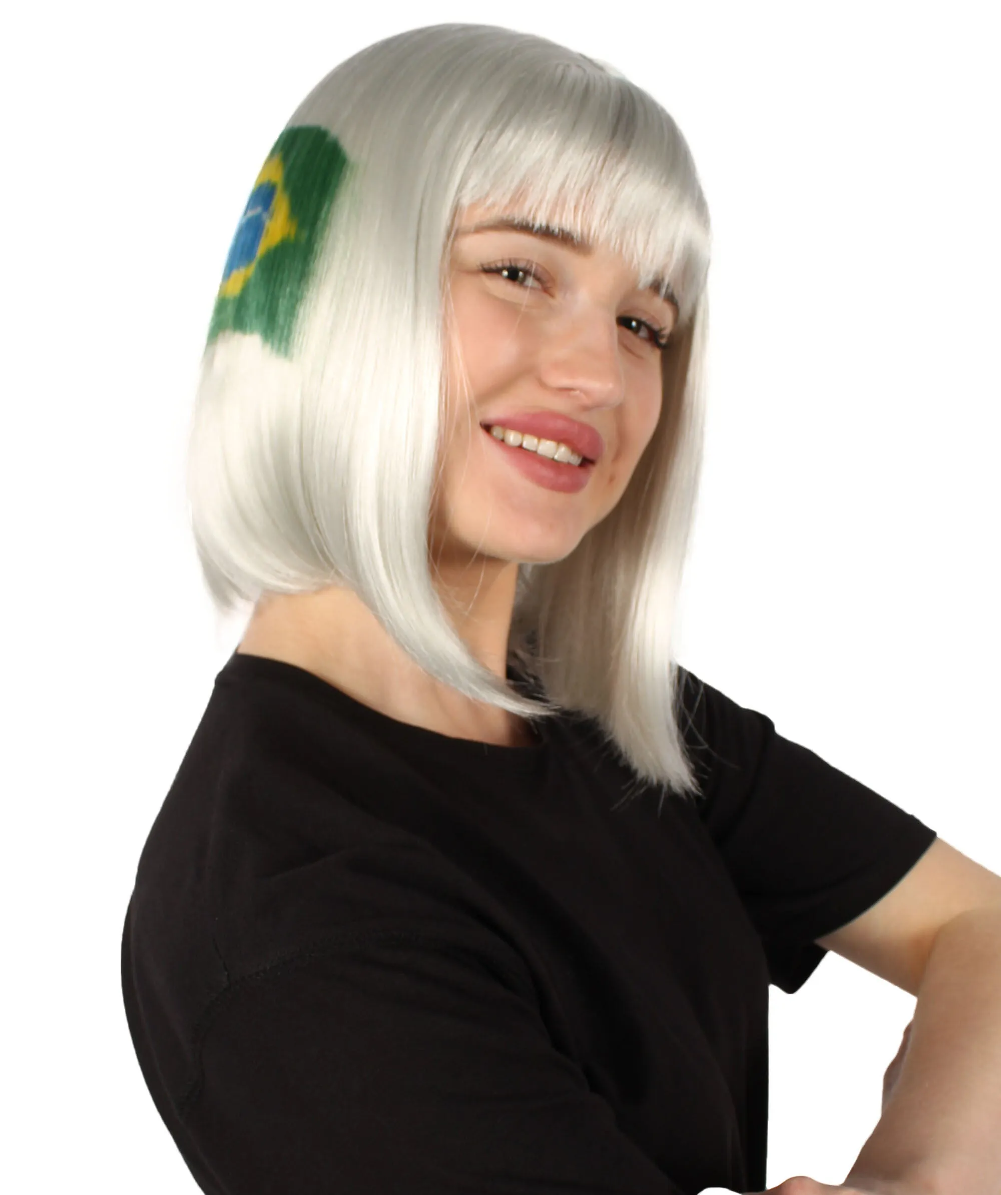 Adult Women’s Flag-themed Medium Length Bob Wig with Bangs for Sporting Events, Multiple Countries Option, Flame-retardant Synthetic Fiber Wigs | HPO