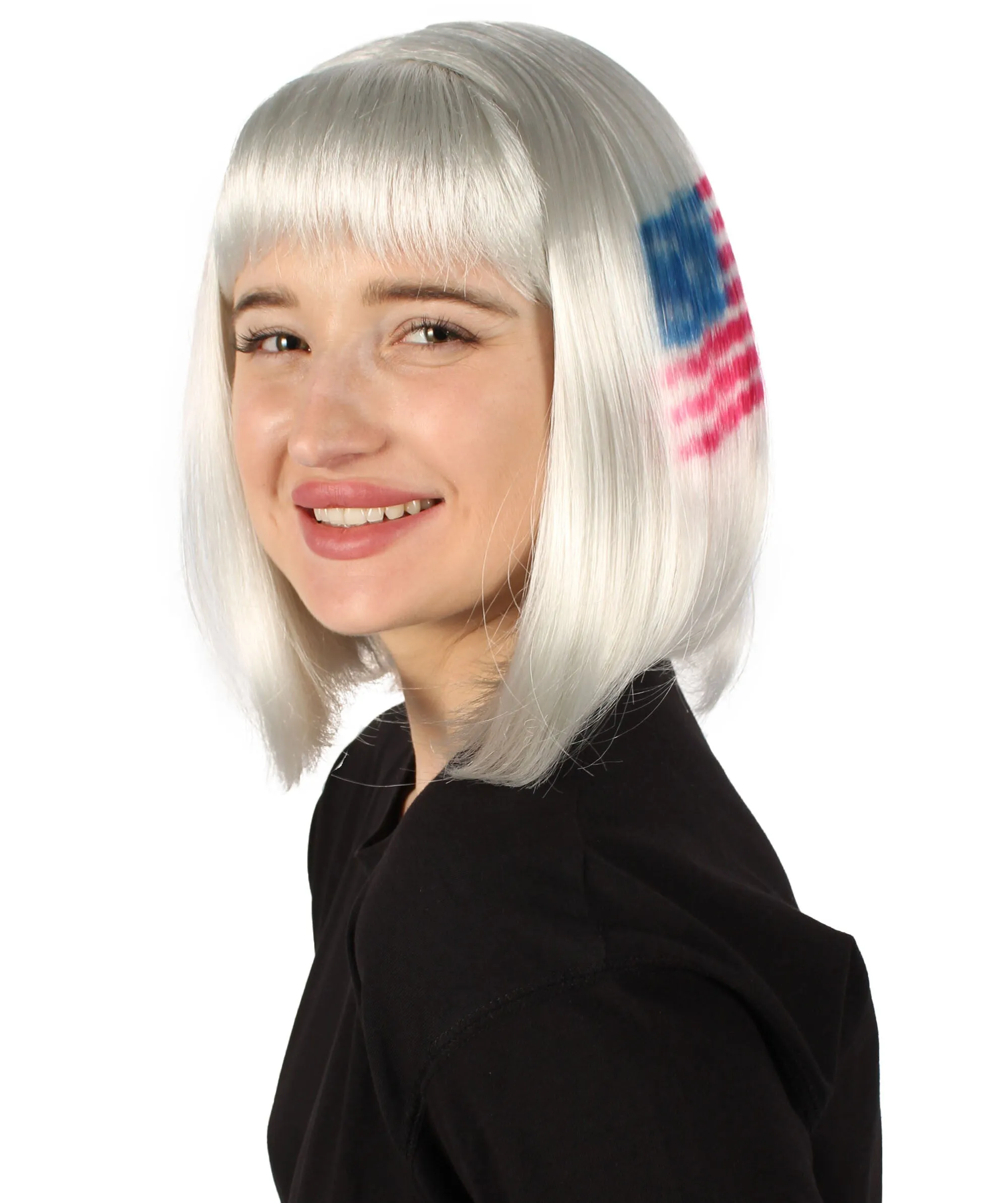 Adult Women’s Flag-themed Medium Length Bob Wig with Bangs for Sporting Events, Multiple Countries Option, Flame-retardant Synthetic Fiber Wigs | HPO