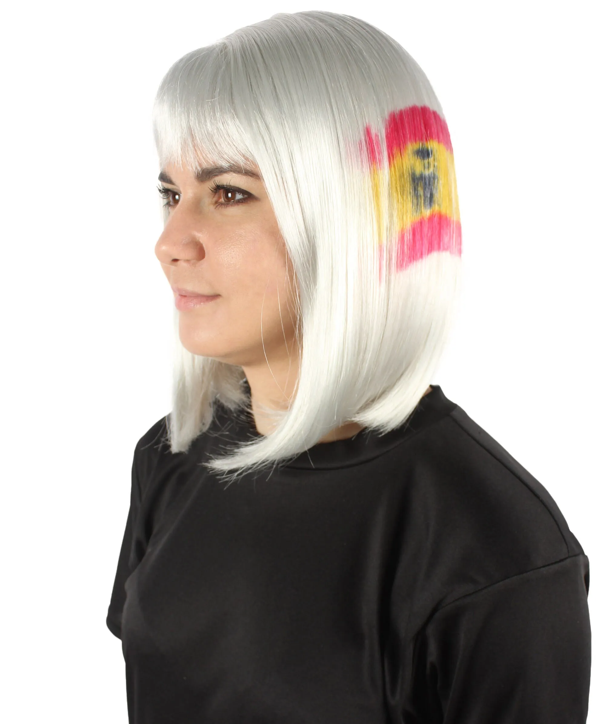 Adult Women’s Flag-themed Medium Length Bob Wig with Bangs for Sporting Events, Multiple Countries Option, Flame-retardant Synthetic Fiber Wigs | HPO