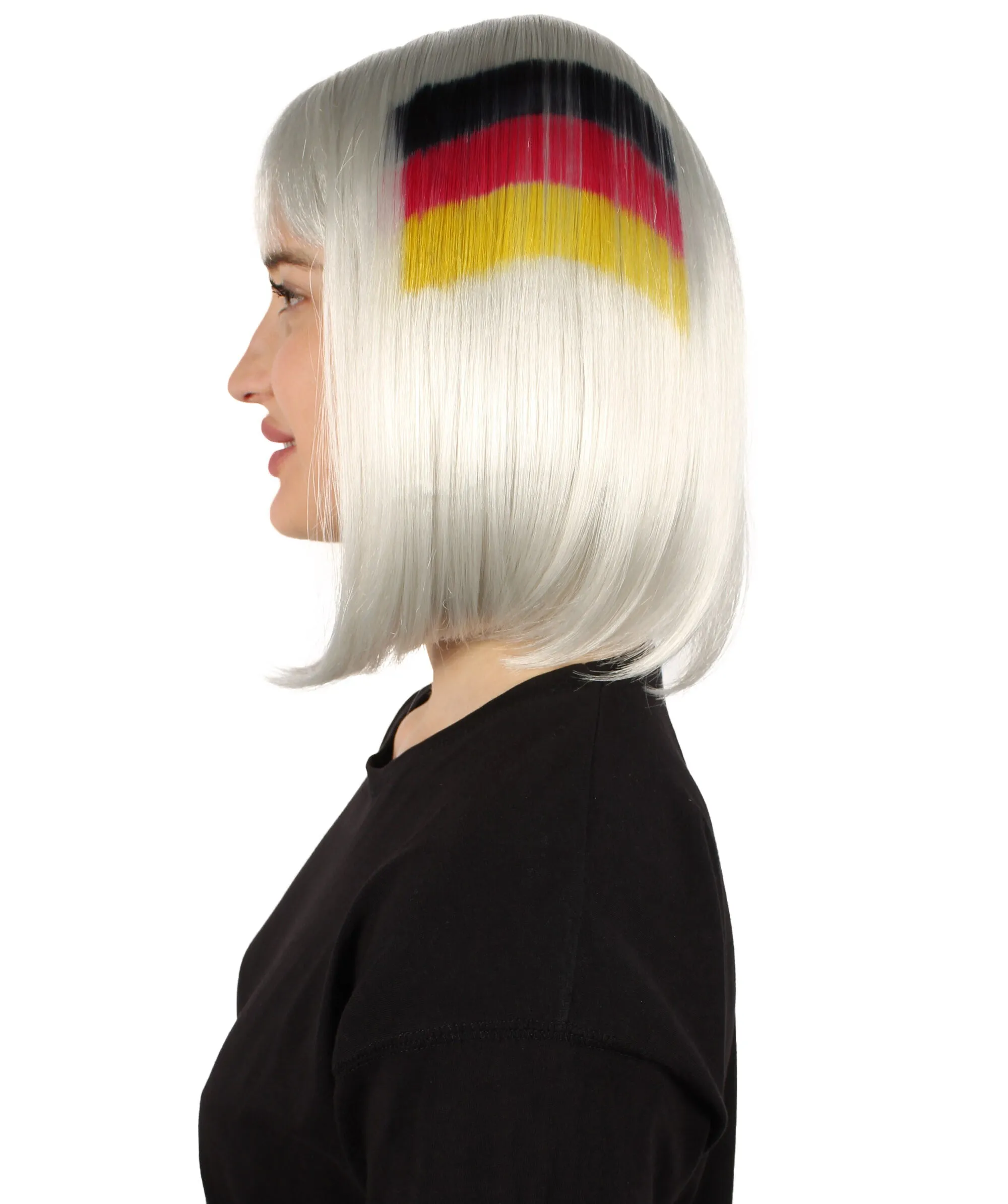 Adult Women’s Flag-themed Medium Length Bob Wig with Bangs for Sporting Events, Multiple Countries Option, Flame-retardant Synthetic Fiber Wigs | HPO