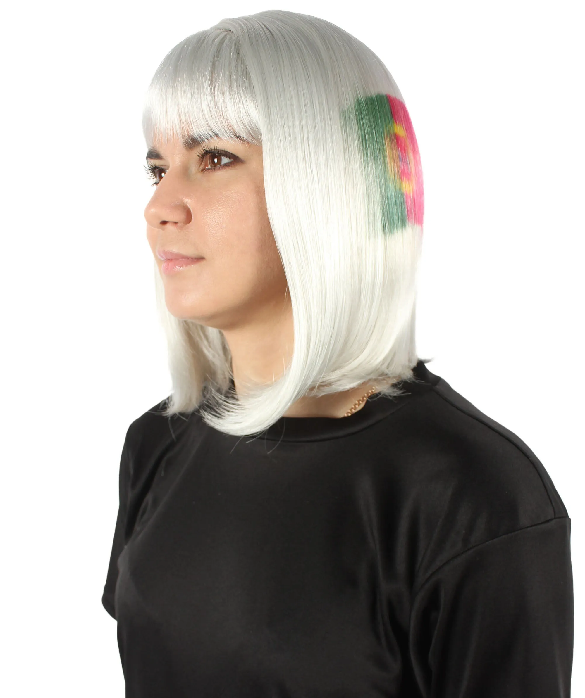 Adult Women’s Flag-themed Medium Length Bob Wig with Bangs for Sporting Events, Multiple Countries Option, Flame-retardant Synthetic Fiber Wigs | HPO