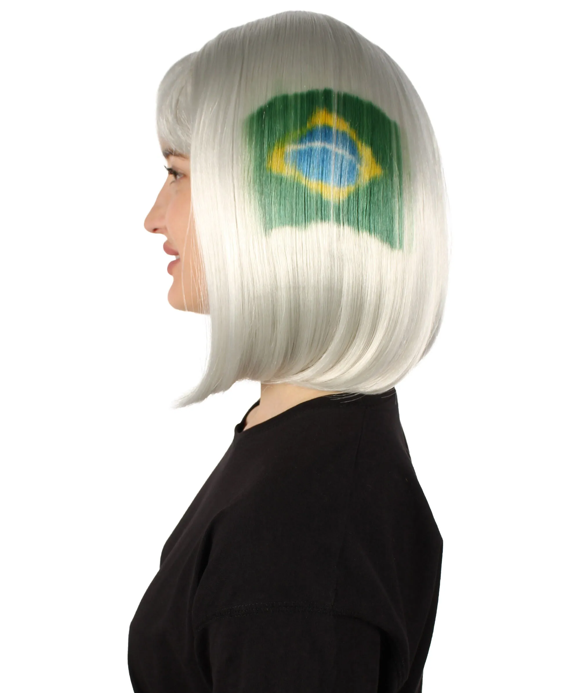 Adult Women’s Flag-themed Medium Length Bob Wig with Bangs for Sporting Events, Multiple Countries Option, Flame-retardant Synthetic Fiber Wigs | HPO