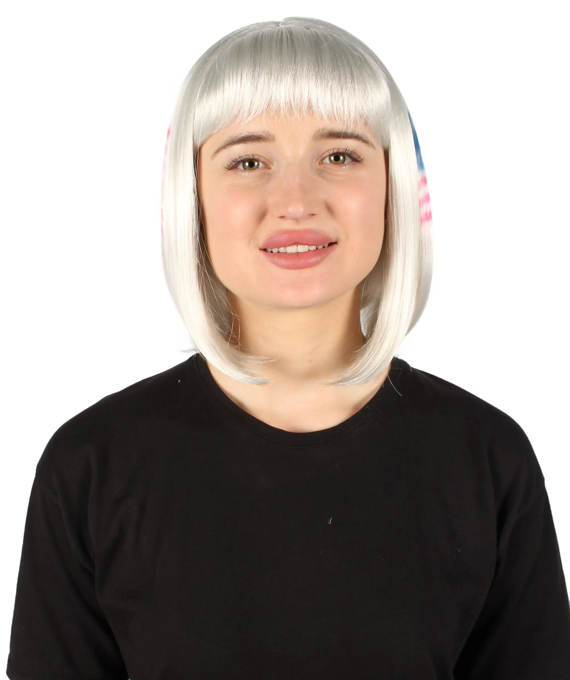 Adult Women’s Flag-themed Medium Length Bob Wig with Bangs for Sporting Events, Multiple Countries Option, Flame-retardant Synthetic Fiber Wigs | HPO