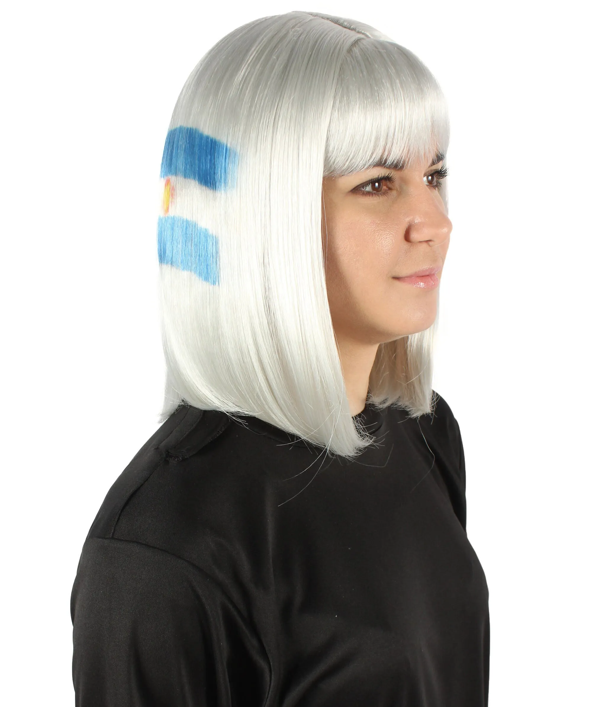 Adult Women’s Flag-themed Medium Length Bob Wig with Bangs for Sporting Events, Multiple Countries Option, Flame-retardant Synthetic Fiber Wigs | HPO