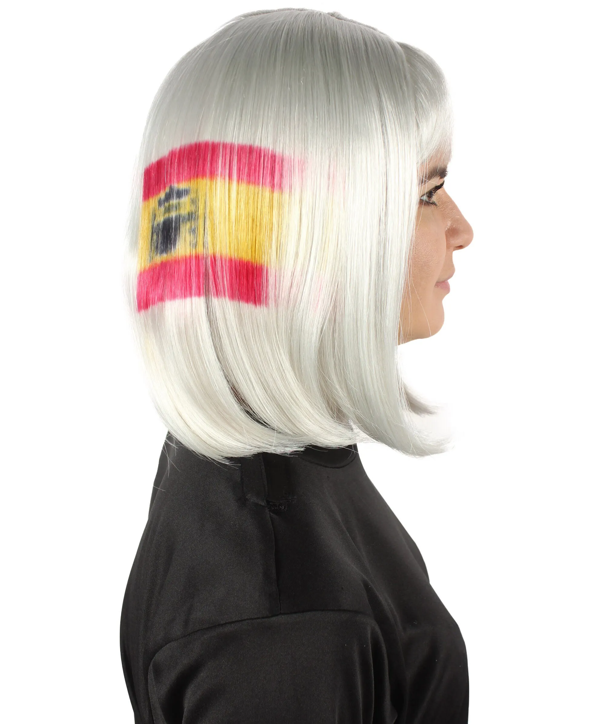 Adult Women’s Flag-themed Medium Length Bob Wig with Bangs for Sporting Events, Multiple Countries Option, Flame-retardant Synthetic Fiber Wigs | HPO