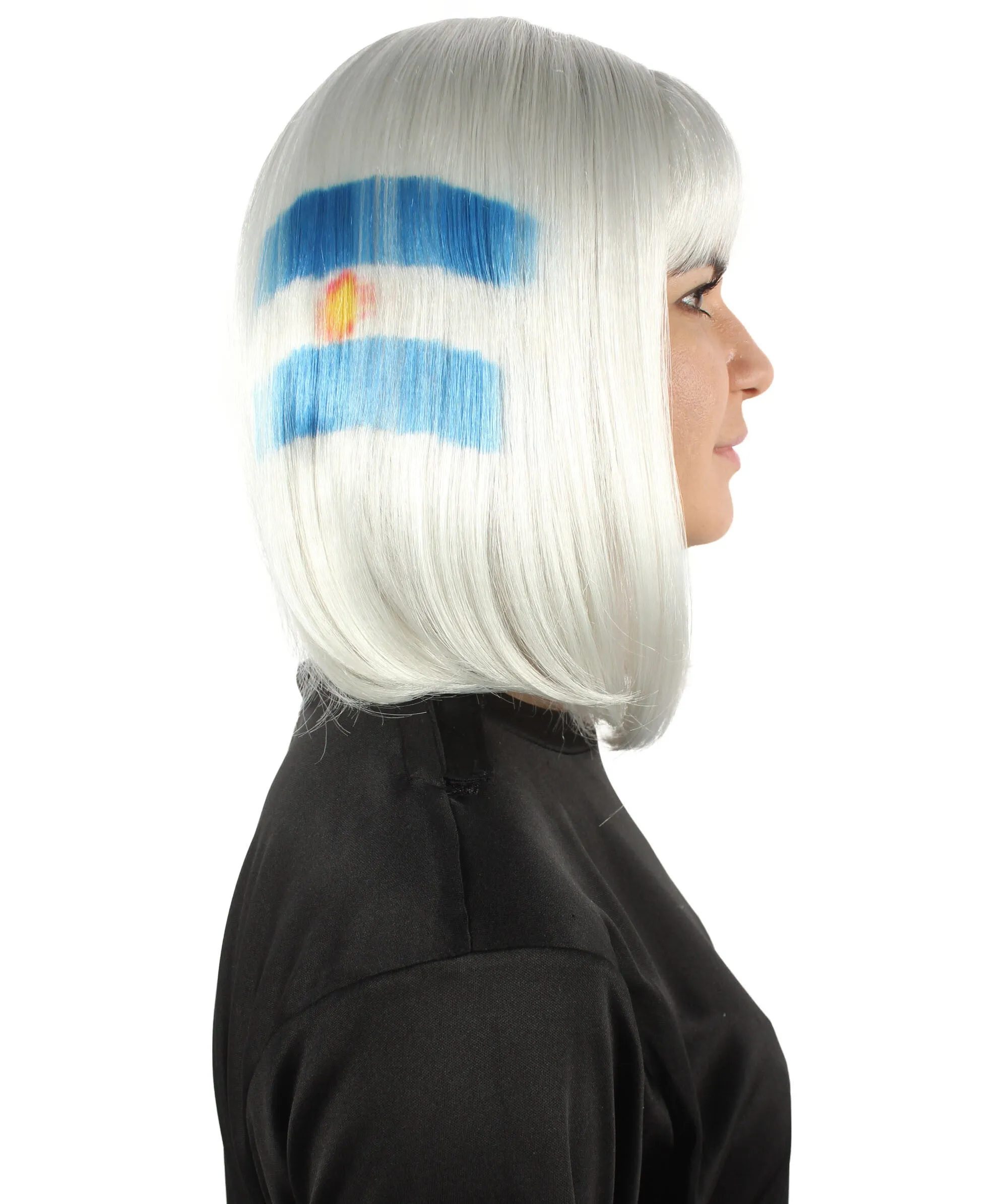 Adult Women’s Flag-themed Medium Length Bob Wig with Bangs for Sporting Events, Multiple Countries Option, Flame-retardant Synthetic Fiber Wigs | HPO