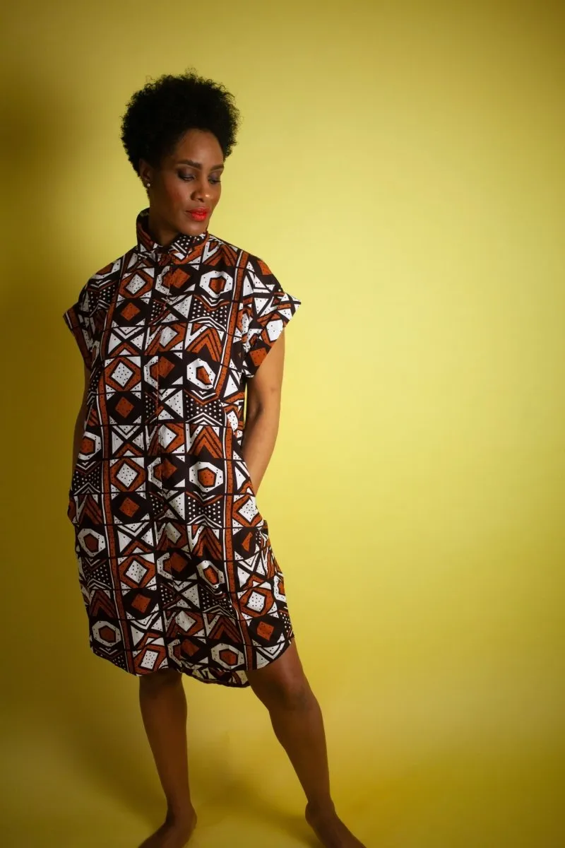 African Dress In Earthy Mud Cloth