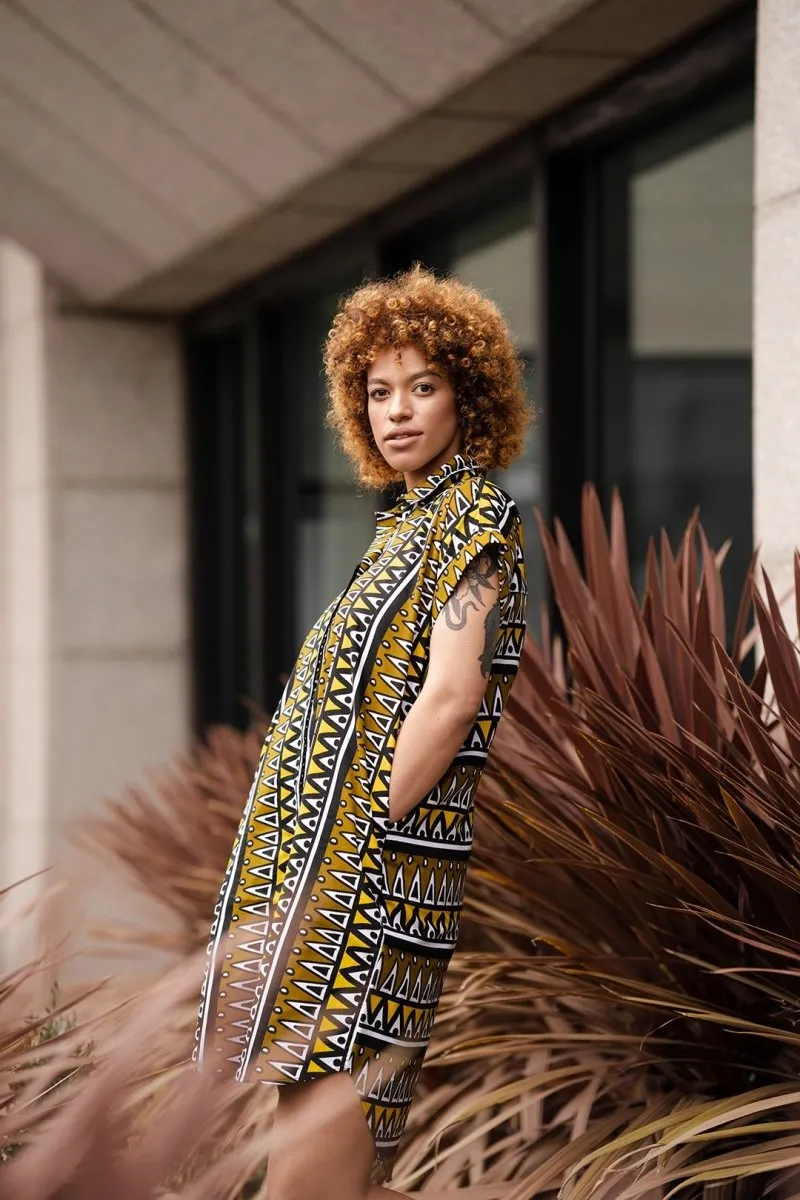 African Shirt Dress In Earthy Mud Cloth