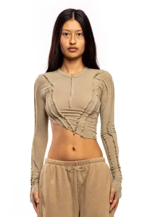 ASYMMETRIC LONG SLEEVE TEE IN TAUPE RIB