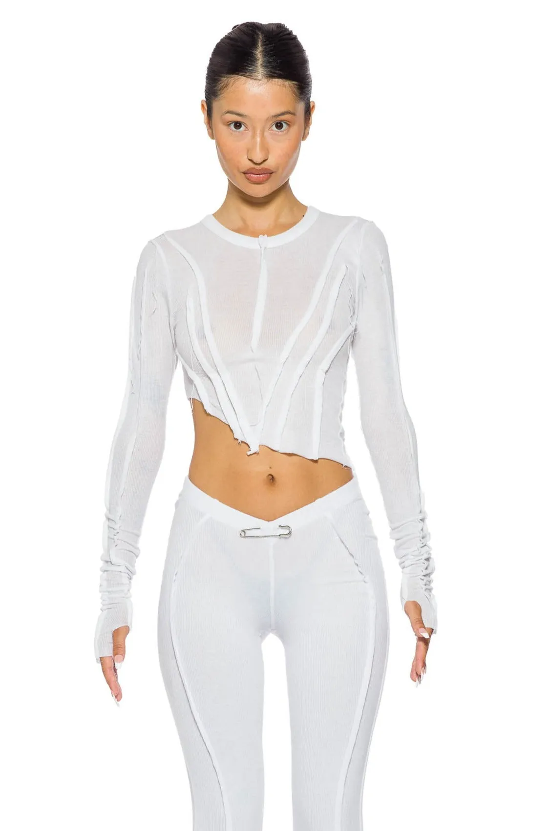 ASYMMETRIC LONG SLEEVE TEE IN WHITE RIB