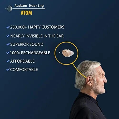 Audien ATOM Rechargeable Hearing Amplifier to Aid and Assist Hearing, Premium Comfort Design and Nearly Invisible