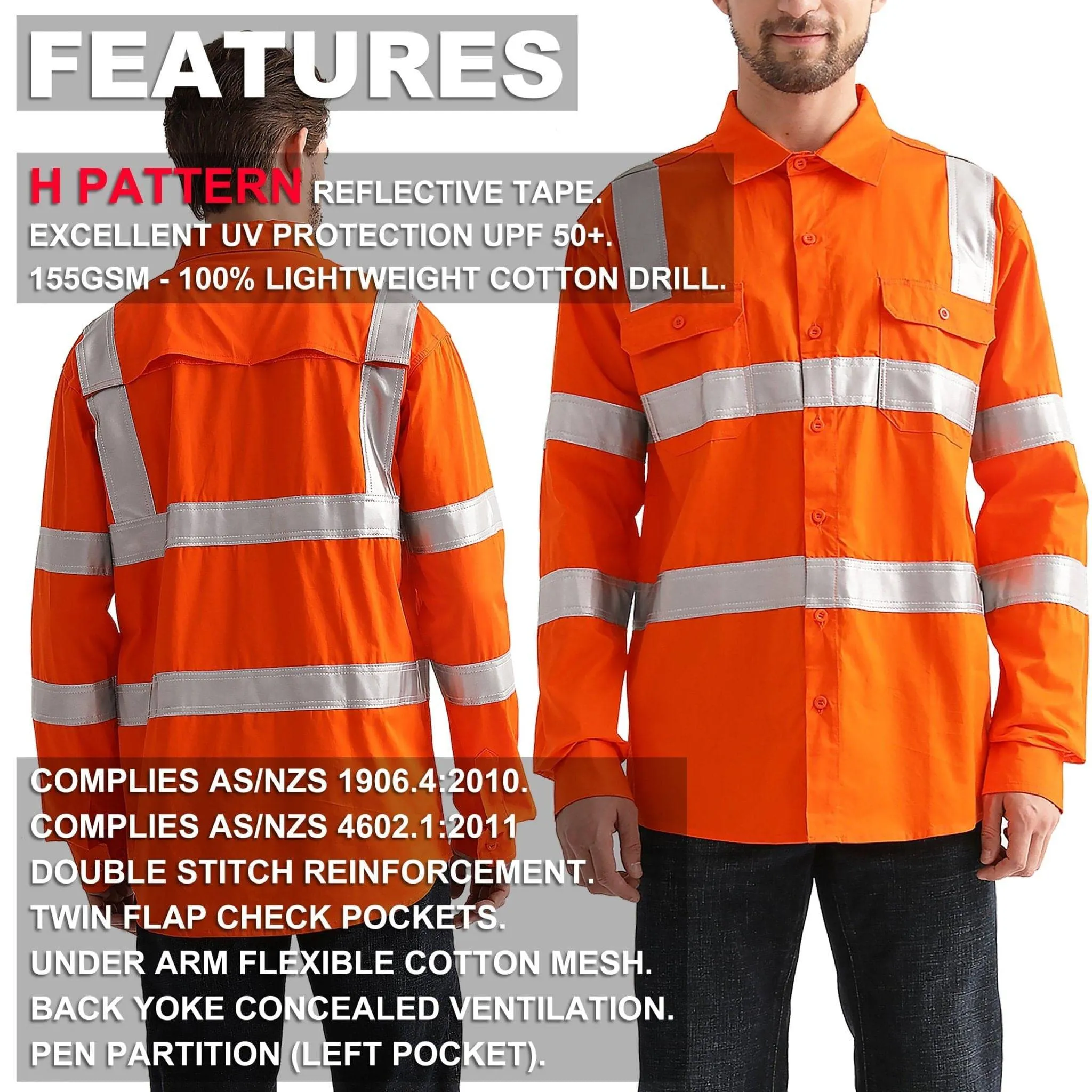 Big Bee Hi-Vis Shirts Orange H Pattern Reflective, VIC Rail Shirt