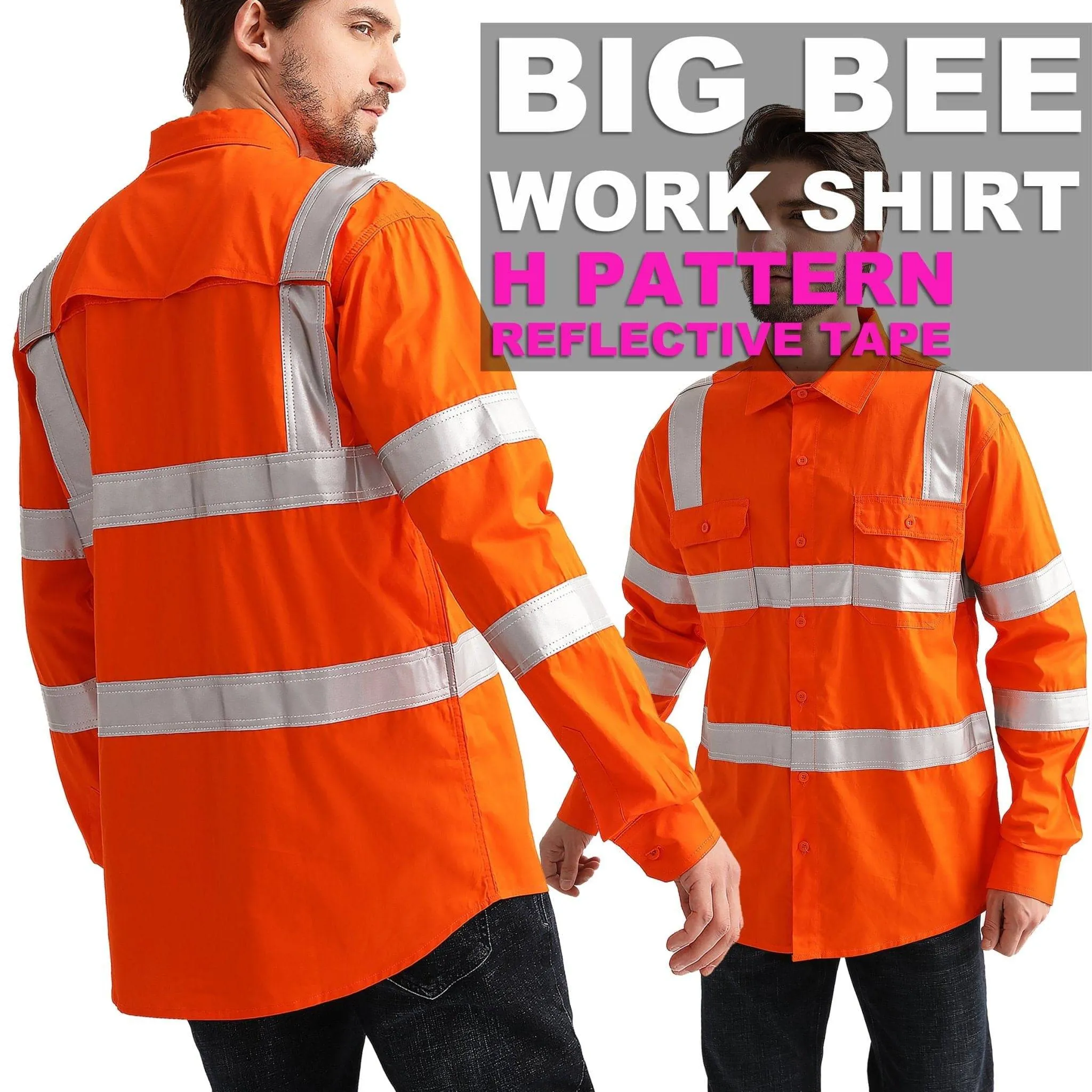 Big Bee Hi-Vis Shirts Orange H Pattern Reflective, VIC Rail Shirt